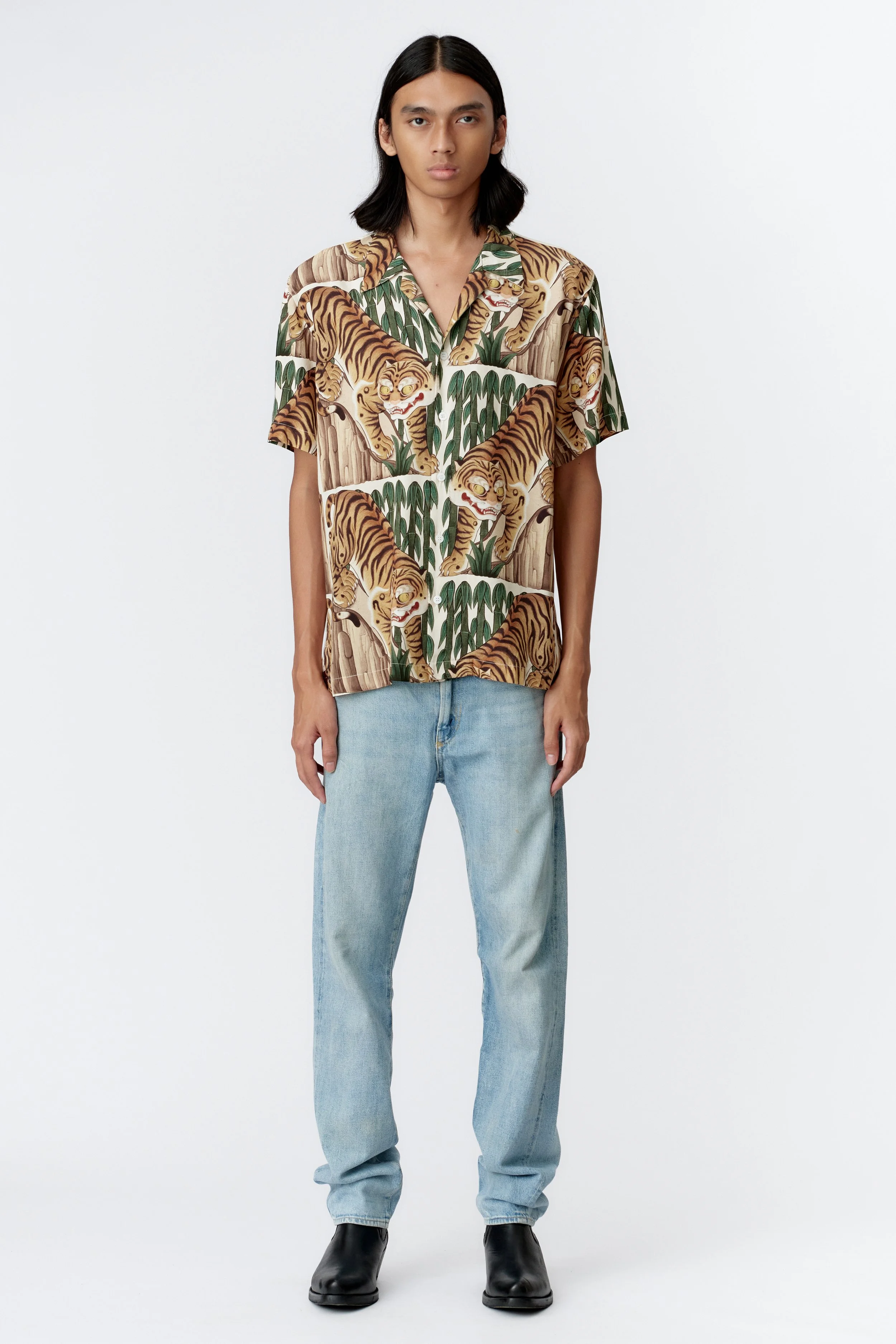 Full front view of Tiger cream premium rayon short sleeve shirt with bright orange tiger and bamboo print