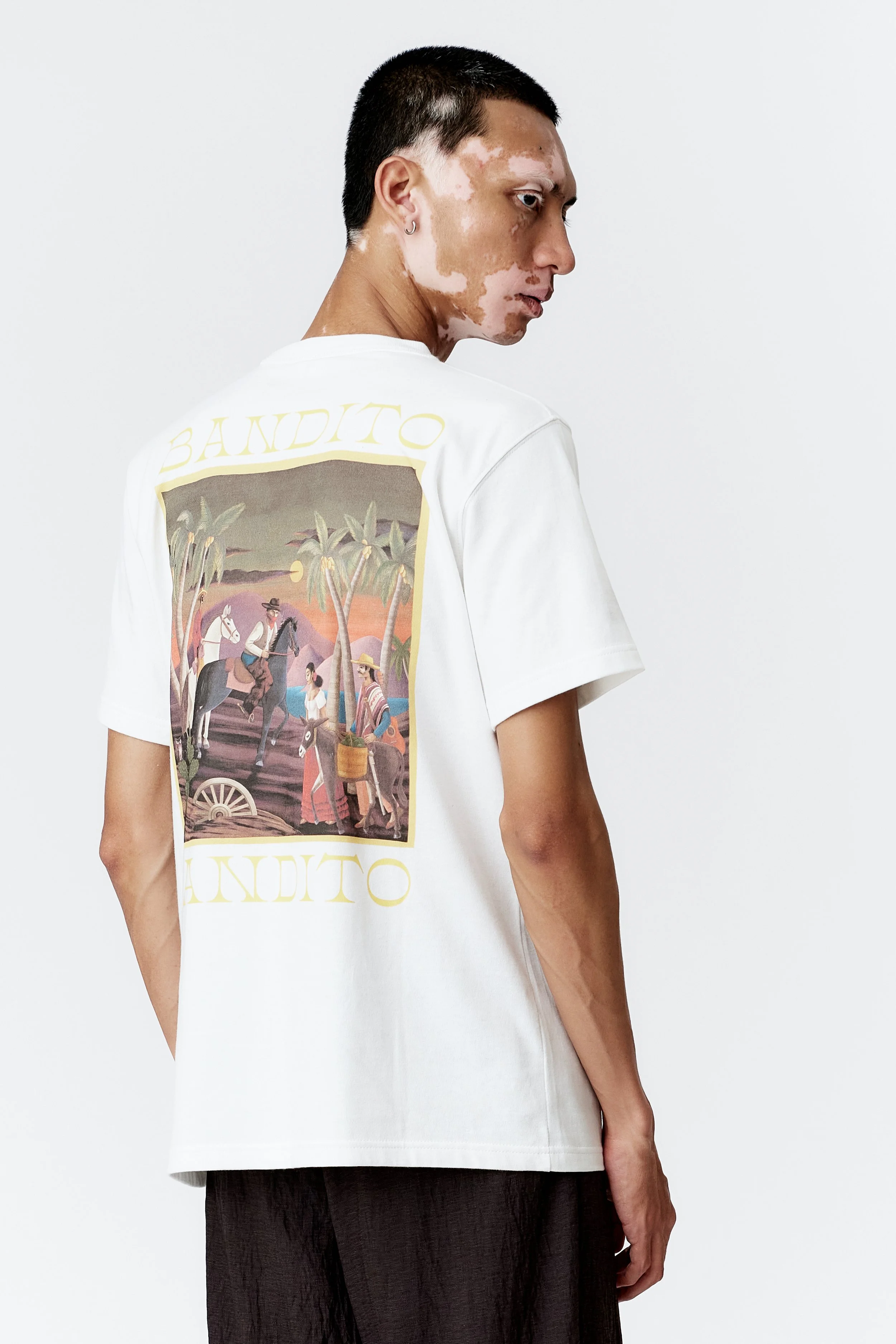 Relaxed fit white T-shirt with bold multi-colour back graphic in folk art style