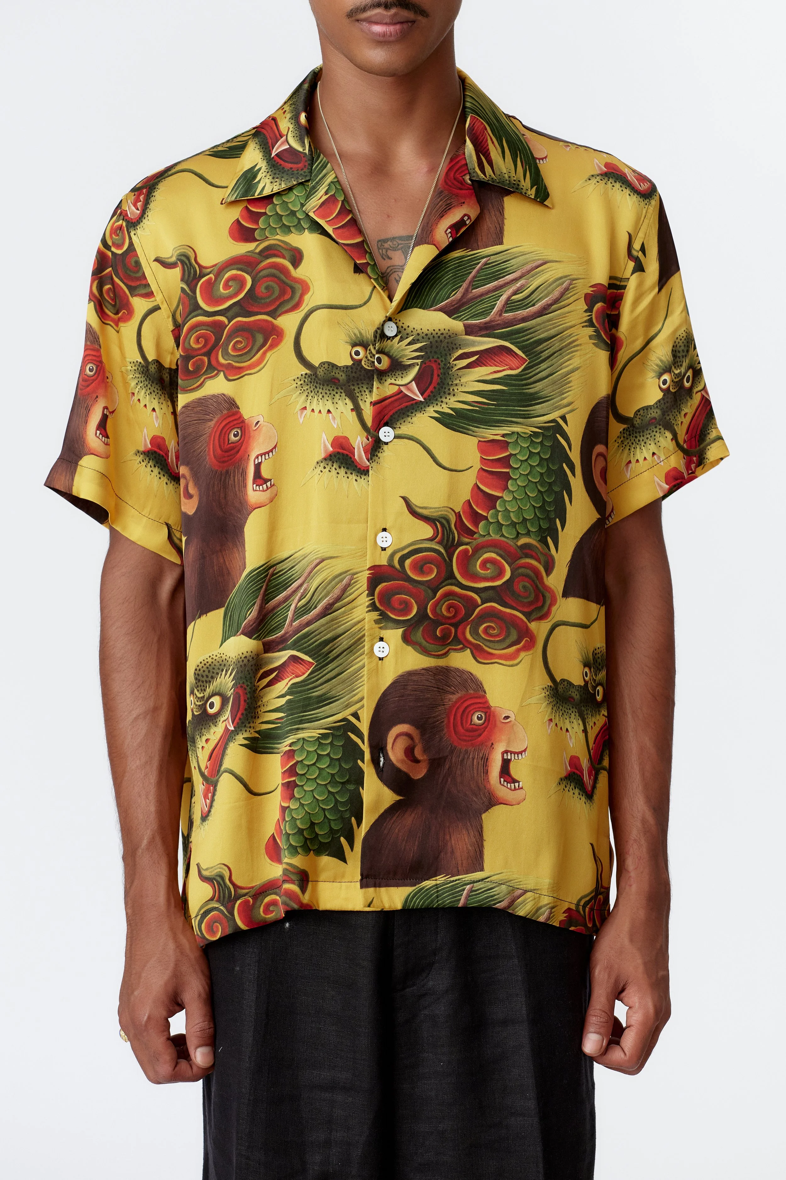 Monkey Dragon Yellow Dragon Print Silk Shirt Close Up