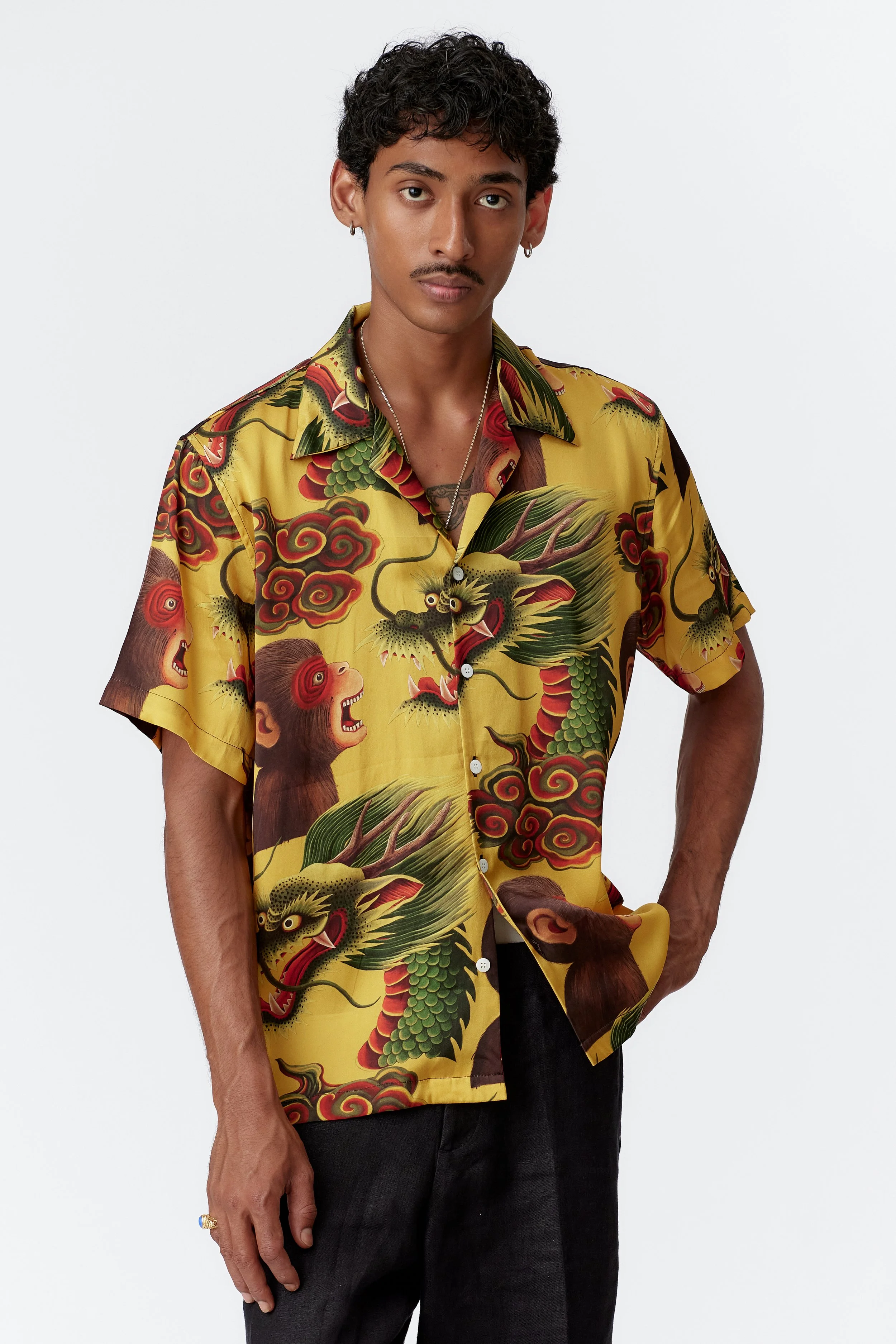 Monkey Dragon Yellow Silk Satin Shirt Model Front