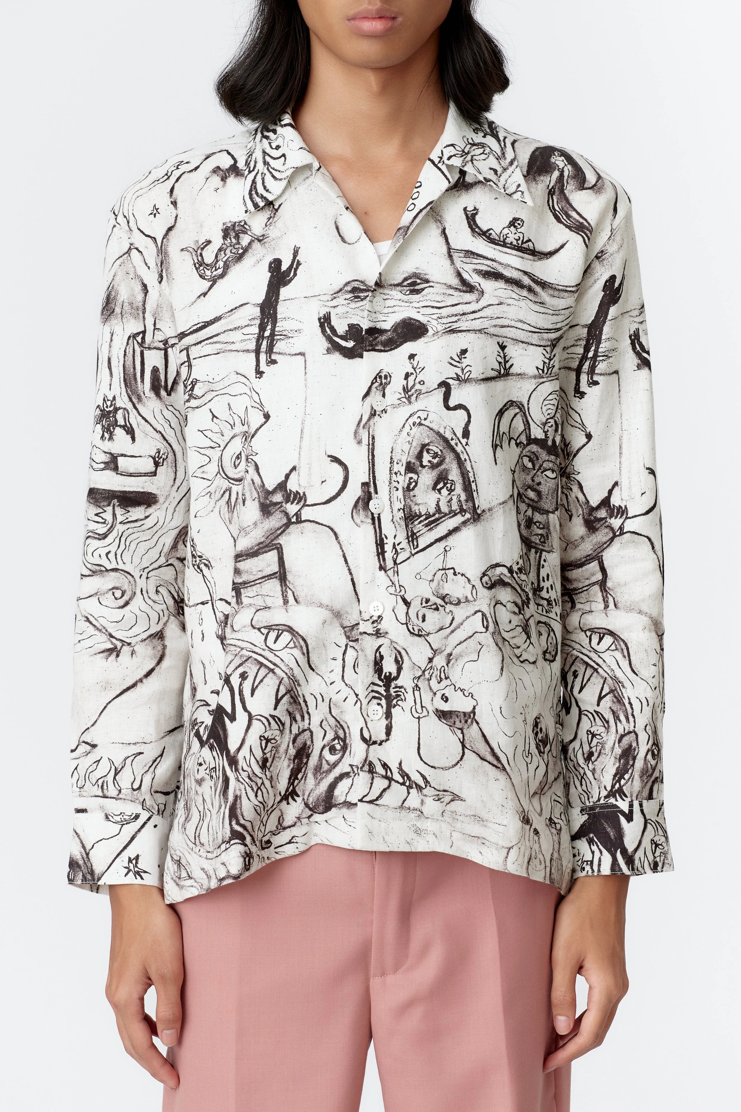 Detail of premium 100% French linen fabric and charcoal line showing mother-of-pearl buttons on ALCHEMY long sleeve shirt