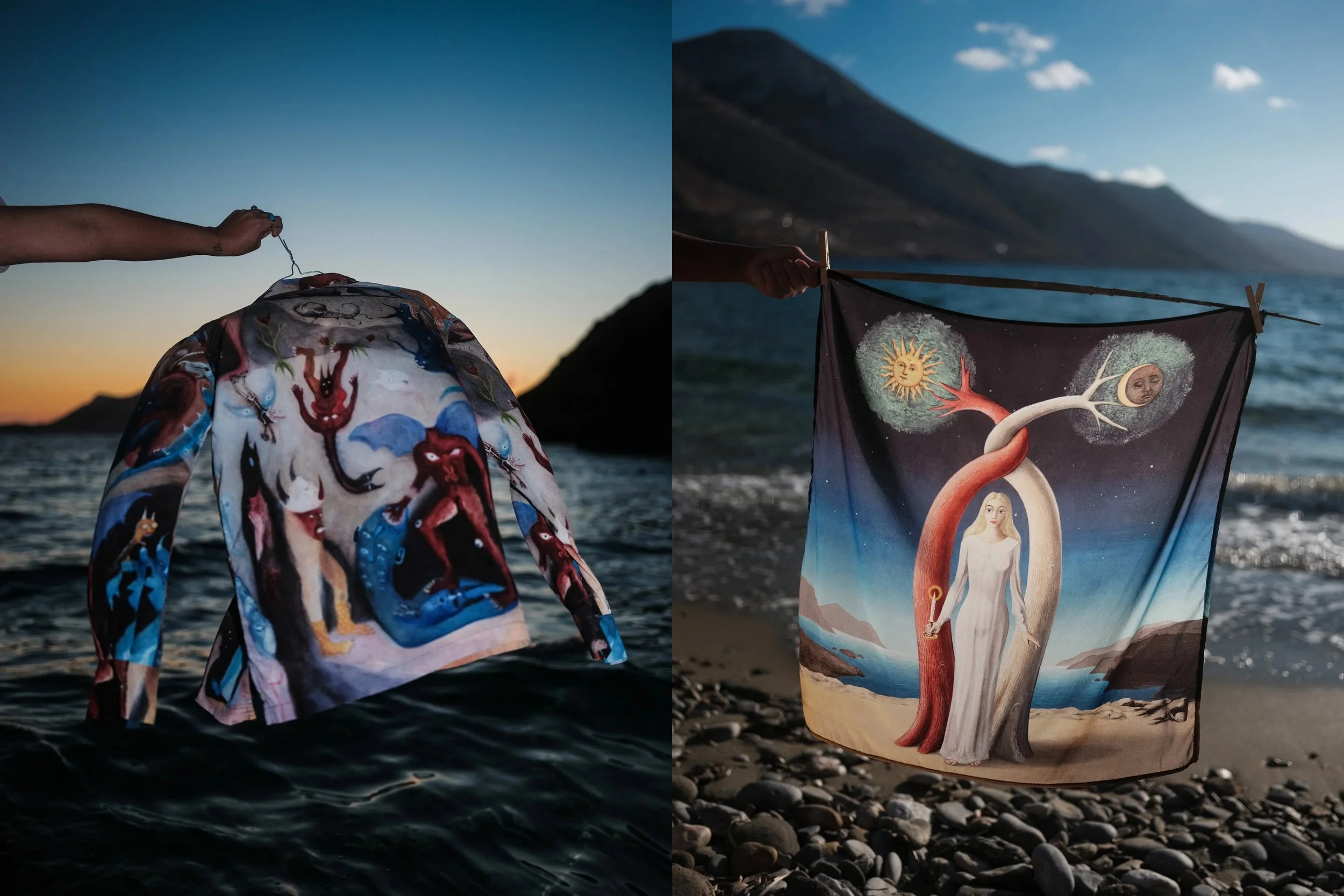 A person hanging colorful tapestry with artistic designs on a clothesline at the beach during sunset with mountainous background.