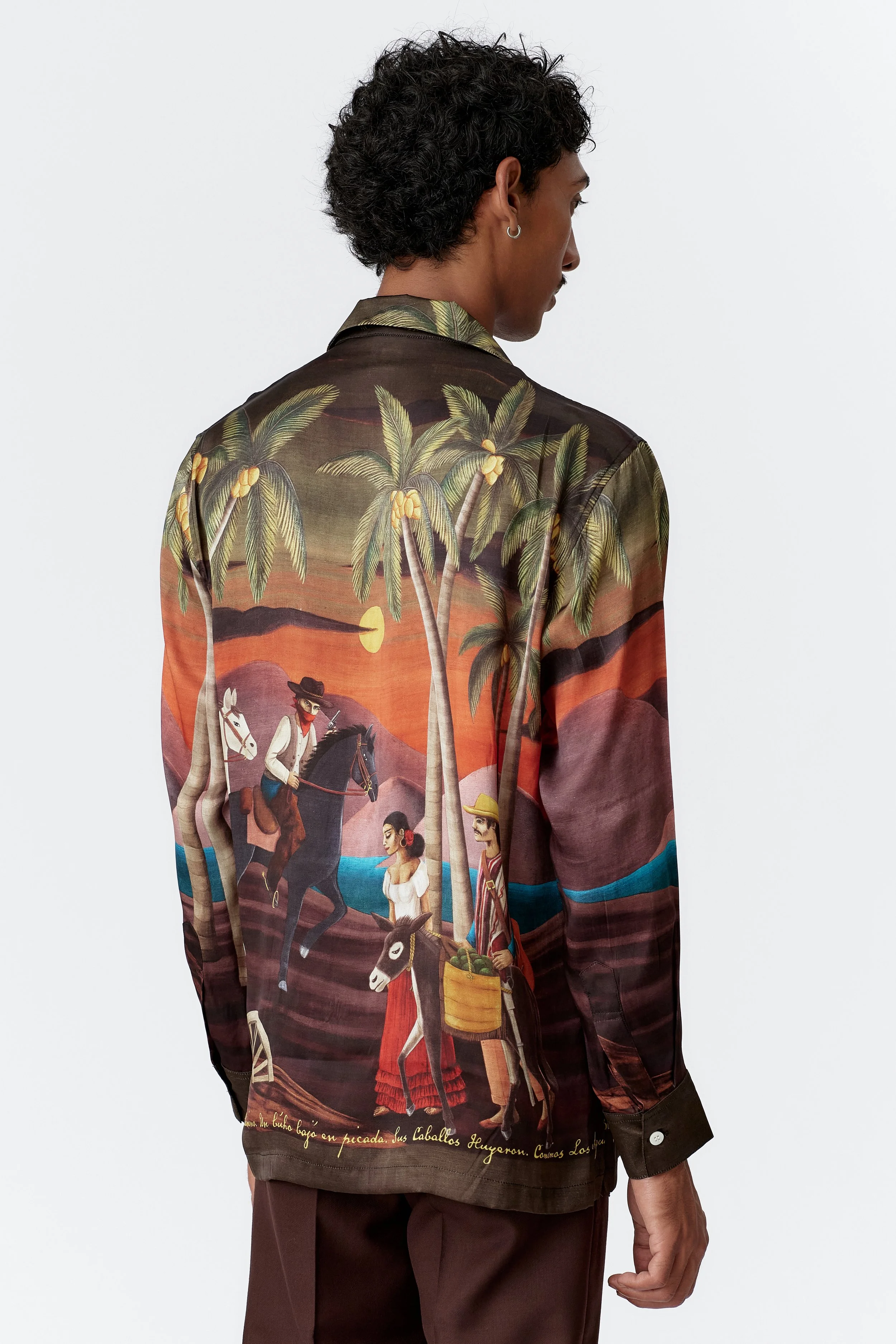 Bandito Artwork in Bottle Green 100% silk satin long sleeve model view from behind
