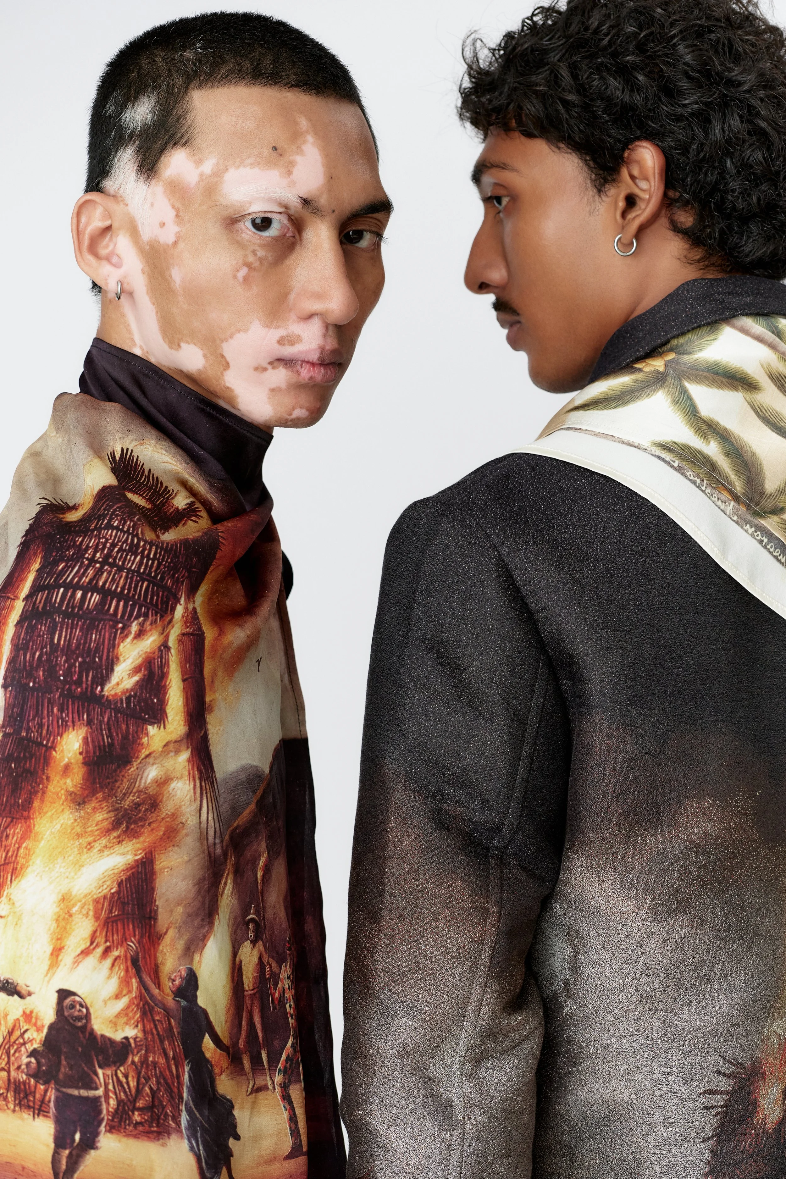Luxury silk satin Wickerman scarf styled and draped over models shoulder