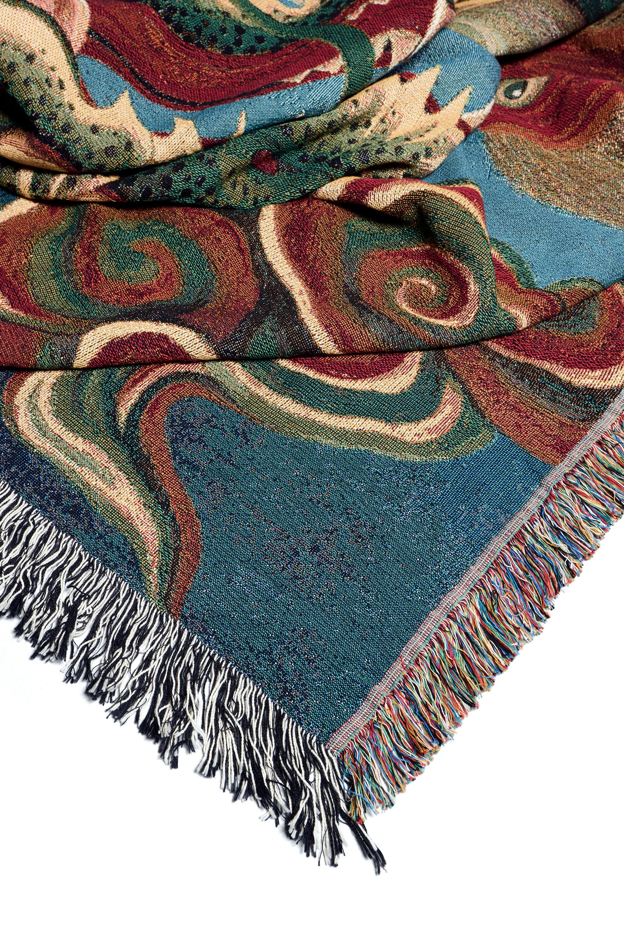 Fringed edge detail of Monkey Dragon woven blanket