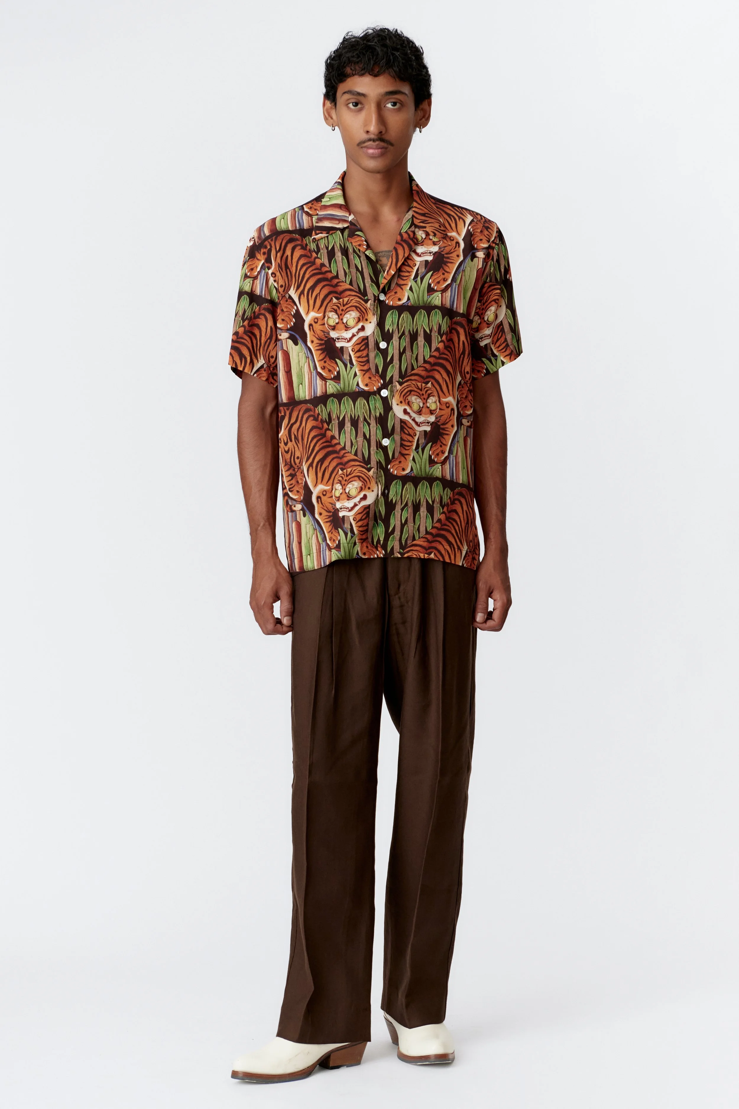 Full length view showing drape and style of tiger 100% premium rayon shirt with vivid multi-colour print limited edition