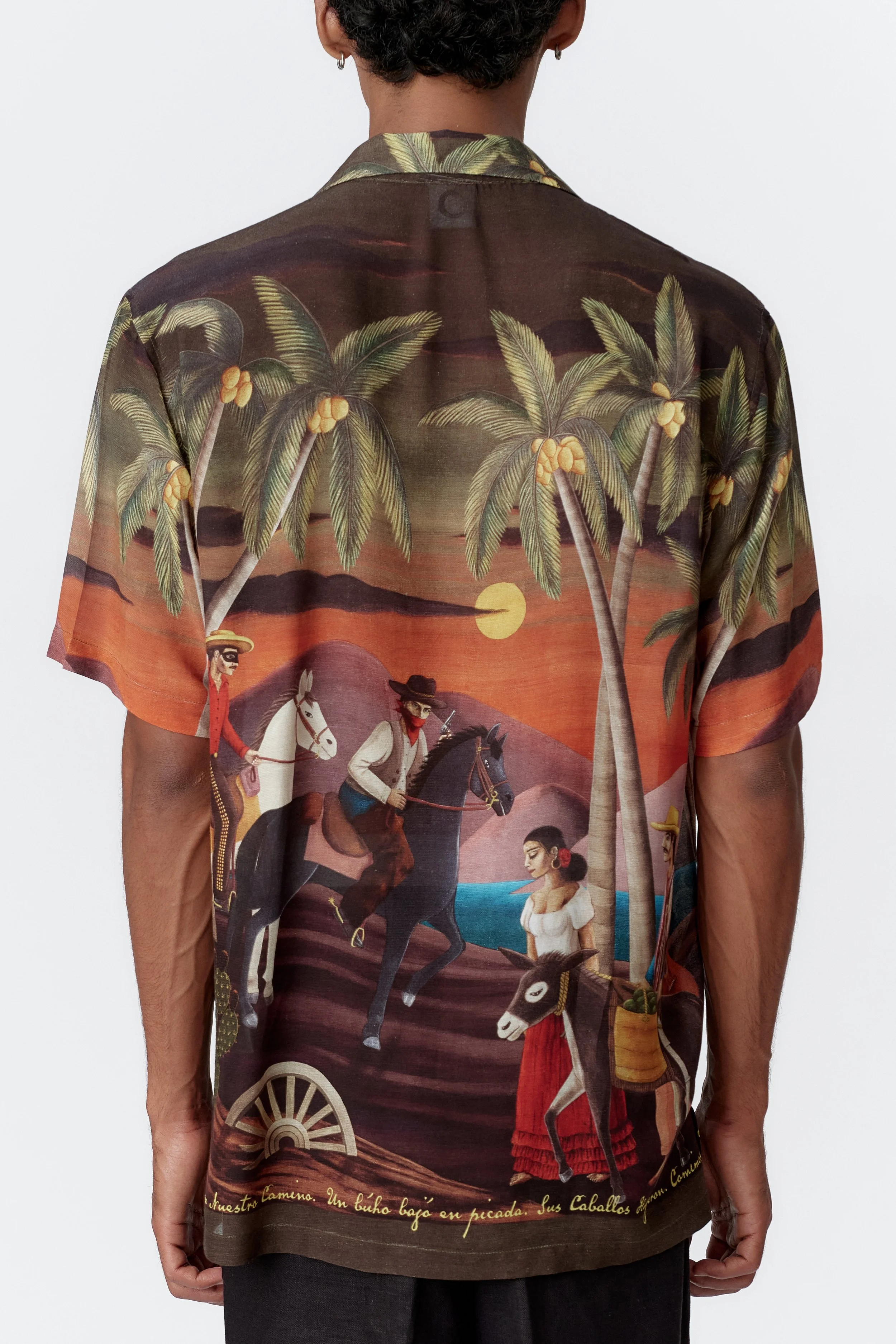 Back view of Bandito silk rayon shirt featuring split-tone desert sky and mountain scene