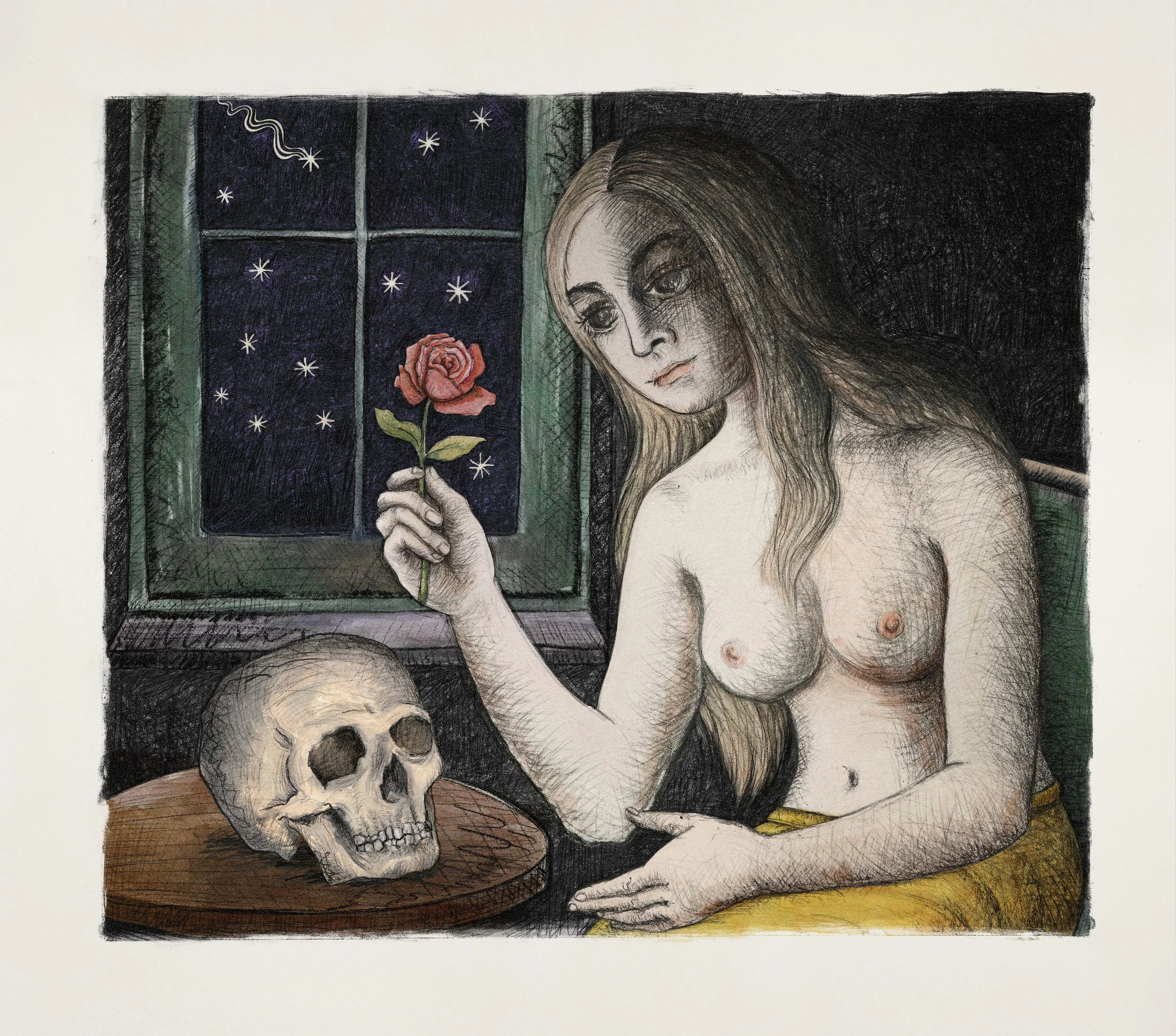 A woman with long hair is sitting topless by a window holding a red rose; a human skull is on a table beside her.