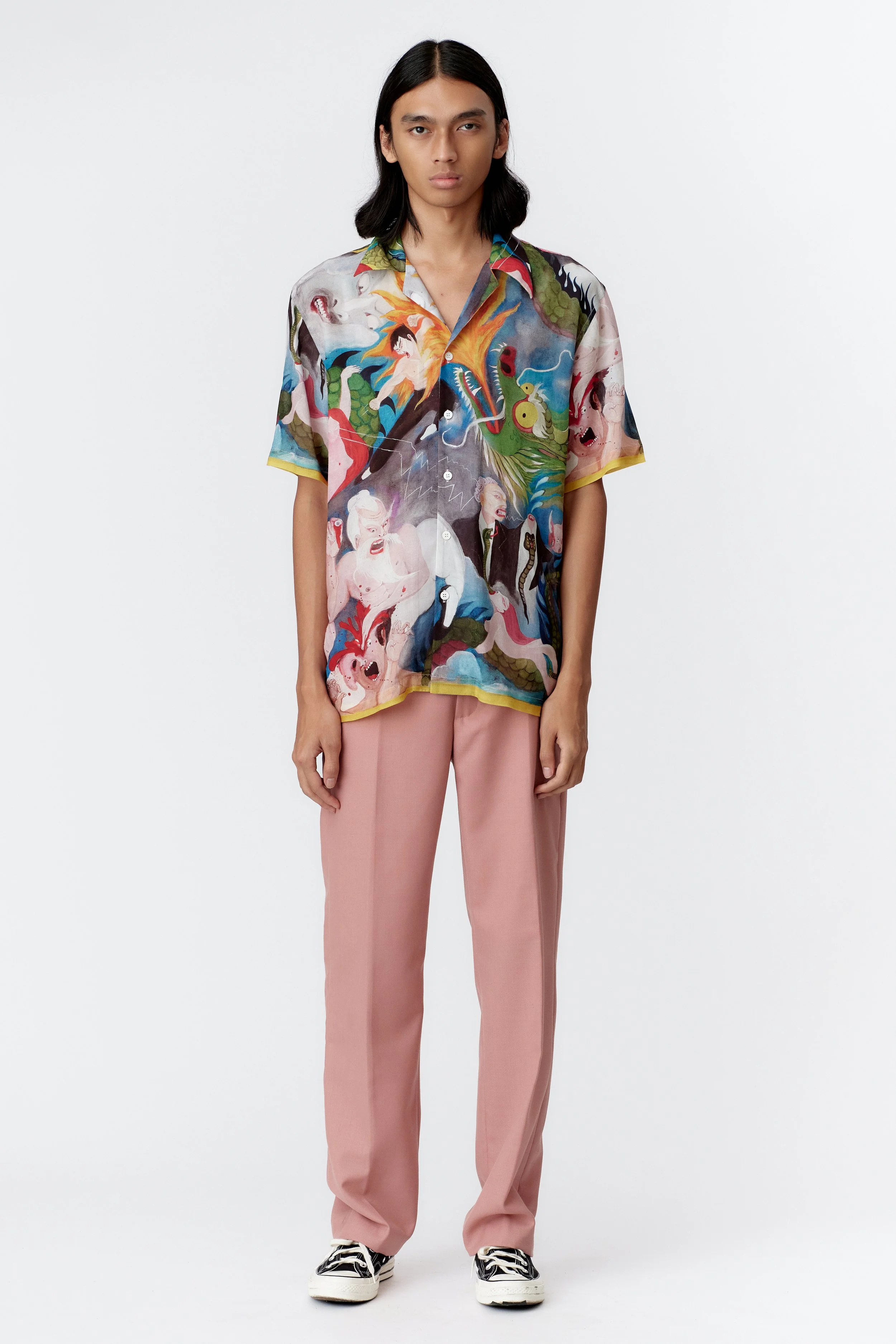 Full view of KUNG FU CANNIBAL shirt showcasing vibrant martial arts-inspired painting with dynamic, surreal energy