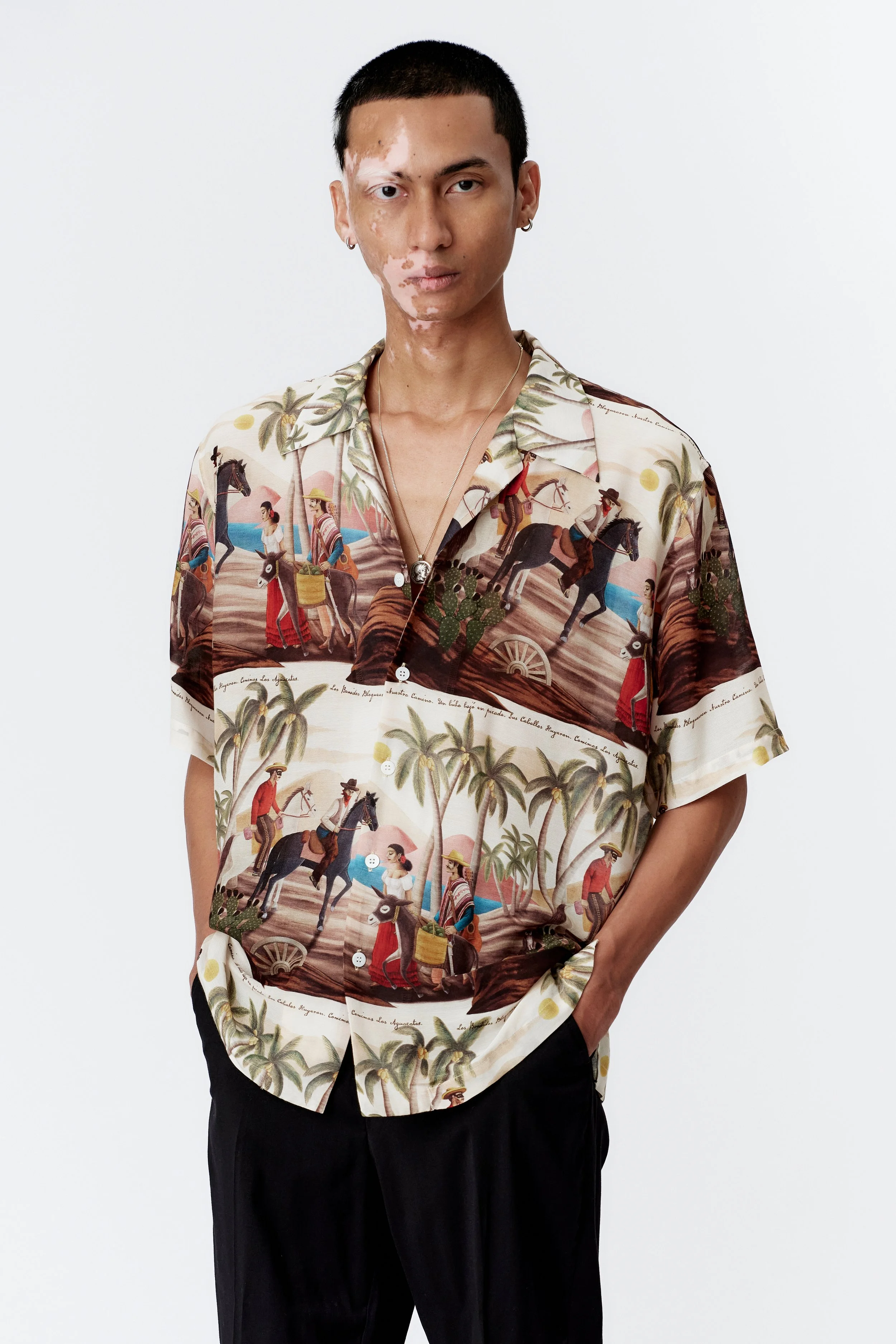Camp collar and mother of pearl button detail on Bandito Repeat Off White shirt relaxed lightweight fabric