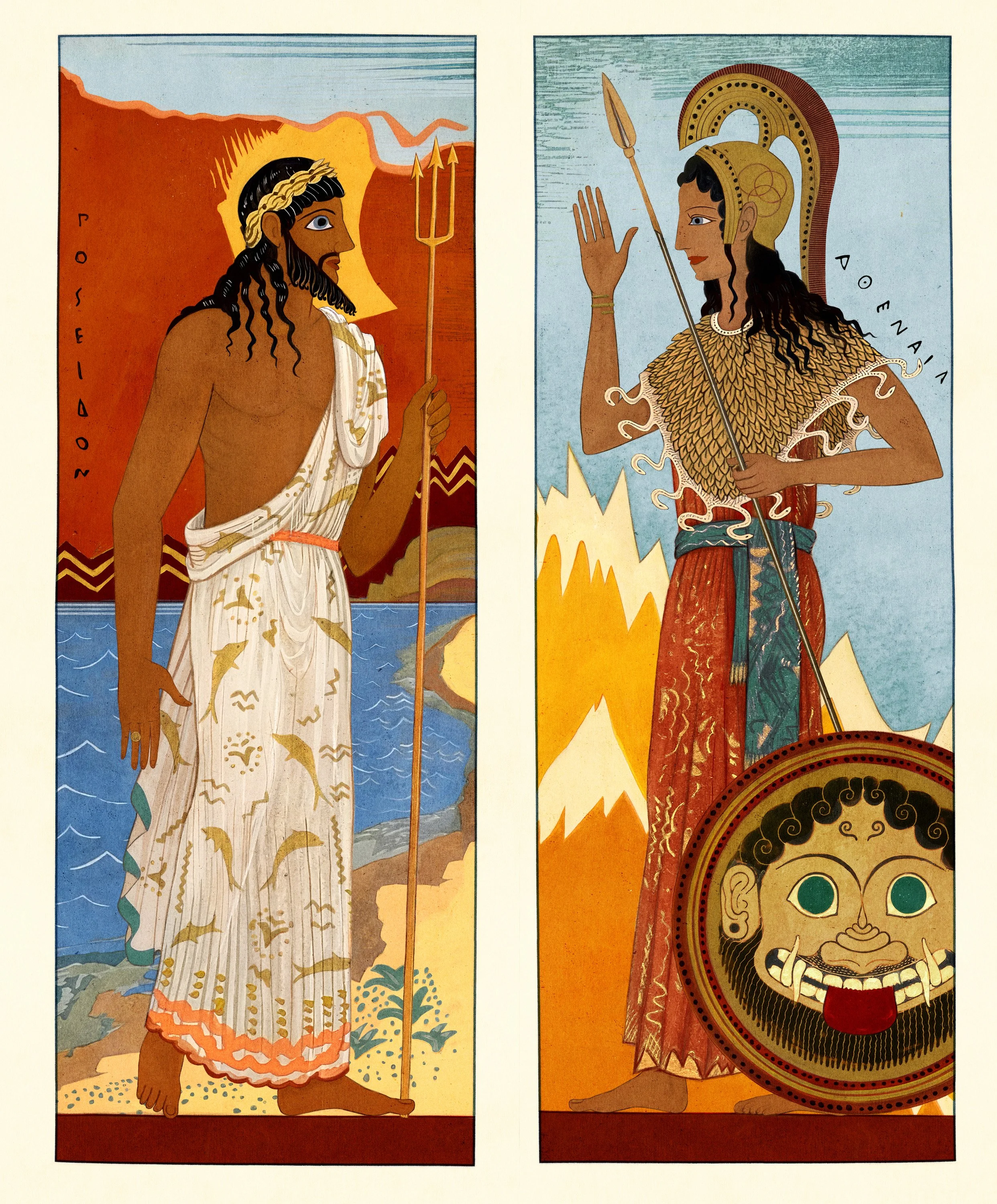 Illustration of Poseidon and Athena from Greek mythology. Poseidon, on the left, holds a trident, standing near water with a rocky shoreline, wearing a white draped garment with gold accents. Athena, on the right, is dressed in armor with a helmet and shield depicting a face, standing against a mountainous background, raising her hand.
