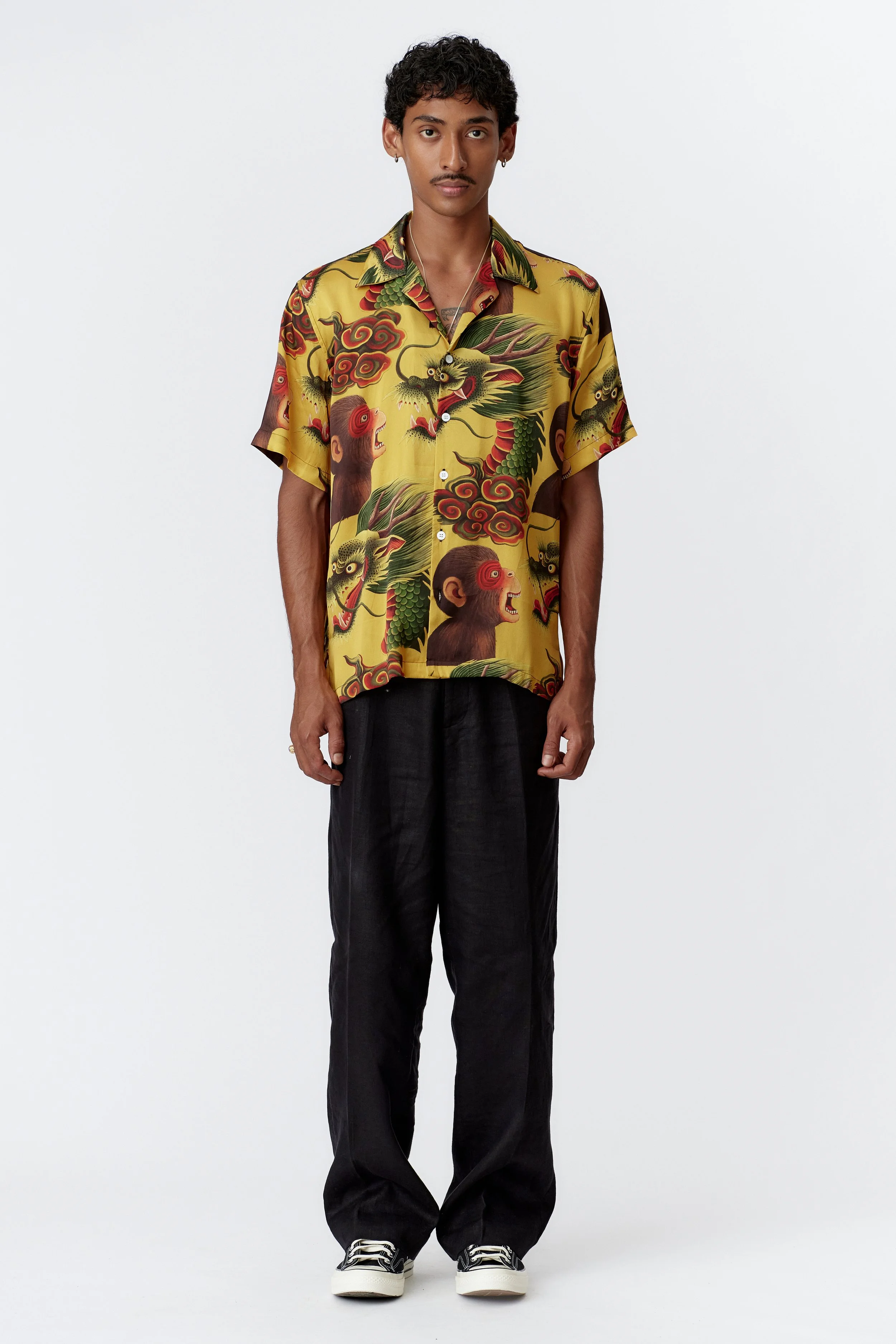 MONKEY DRAGON YELLOW SILK SATIN SHORT SLEEVE SHIRT