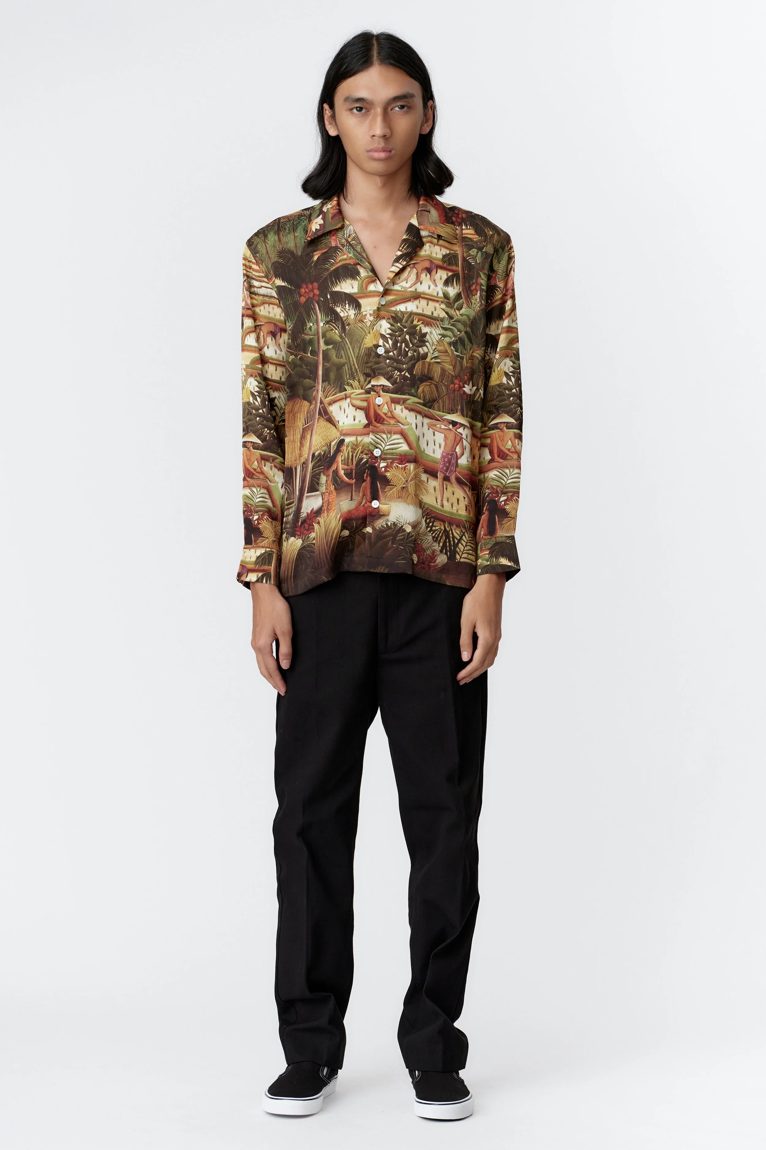 SUBAK GREEN SILK SATIN LONG SLEEVE SHIRT