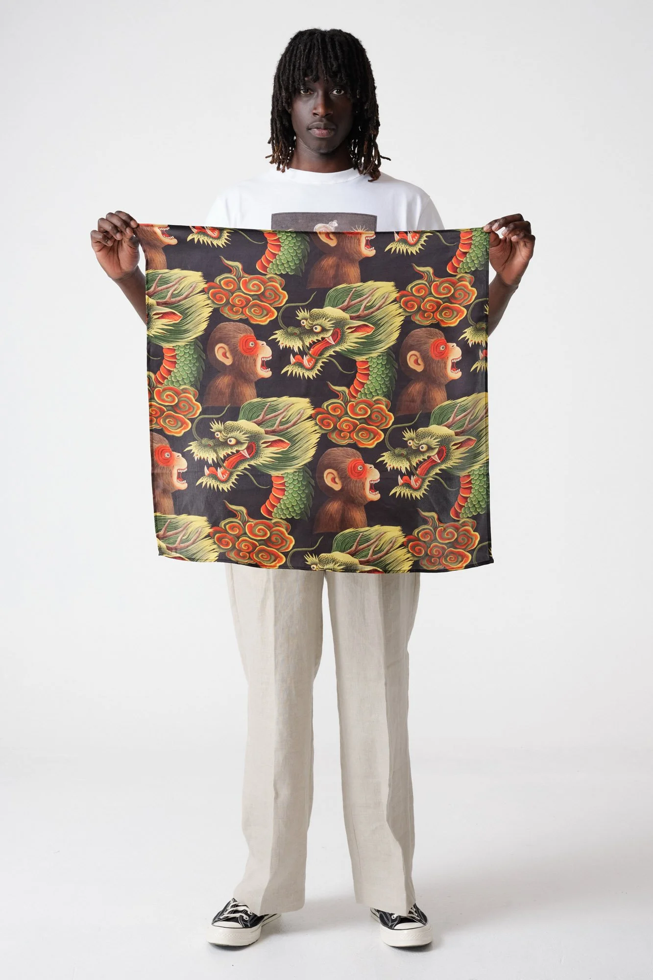 MONKEY DRAGON BLACK SILK SATIN SCARF