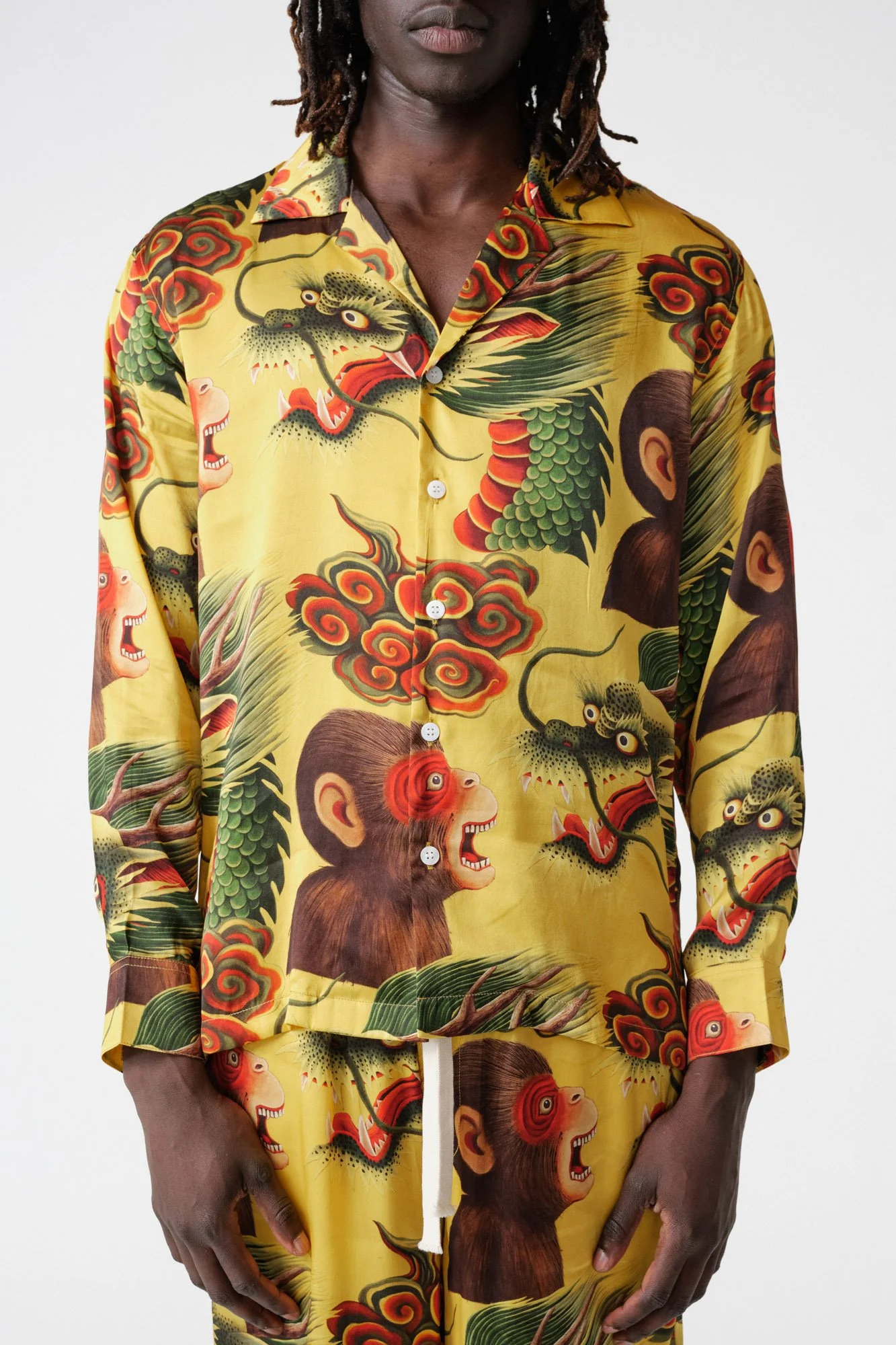endless-joy-printed-monkey-dragon-yellow-silk-satin-pyjama-set-front-buttons