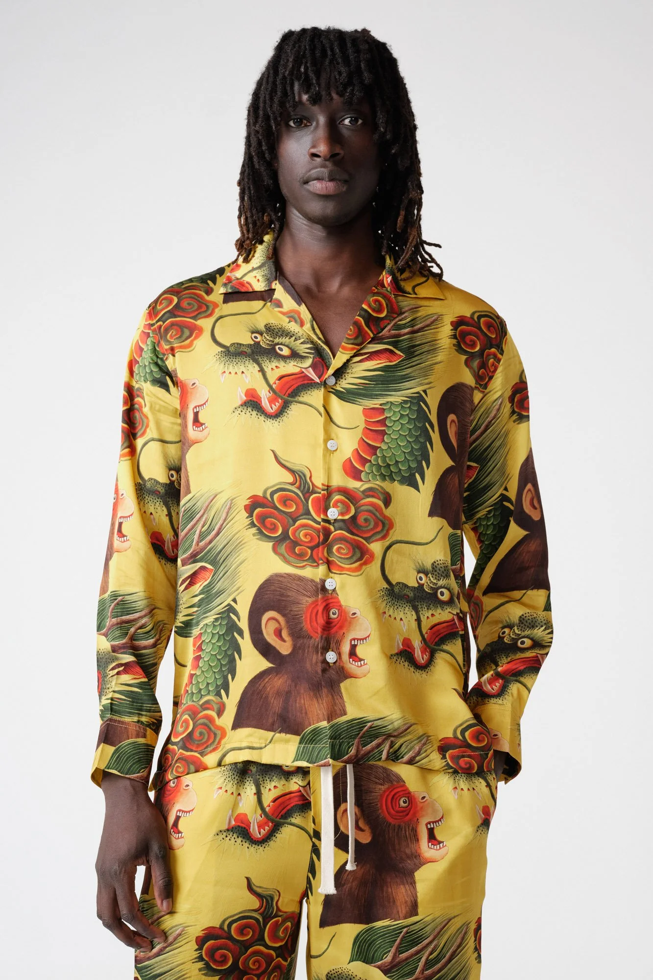 endless-joy-printed-monkey-dragon-yellow-silk-satin-pyjama-set-front-close-up