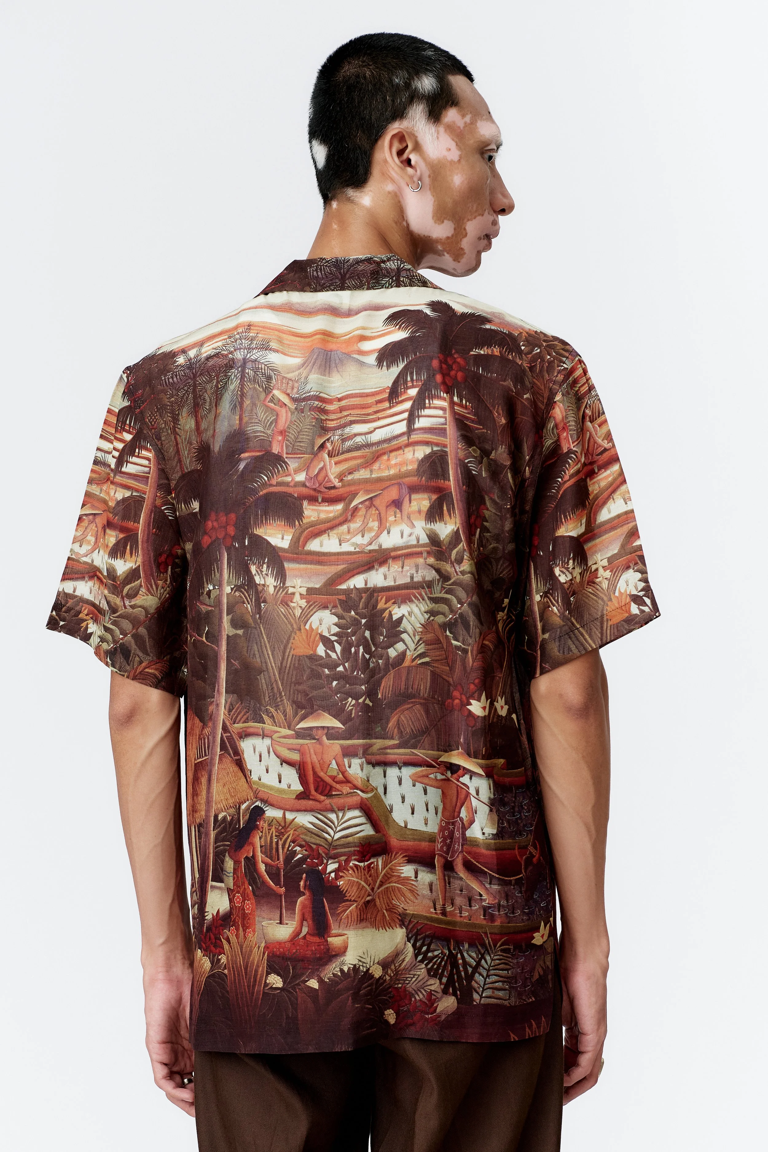 Back view of Subak brown short sleeve shirt featuring full scenic landscape print