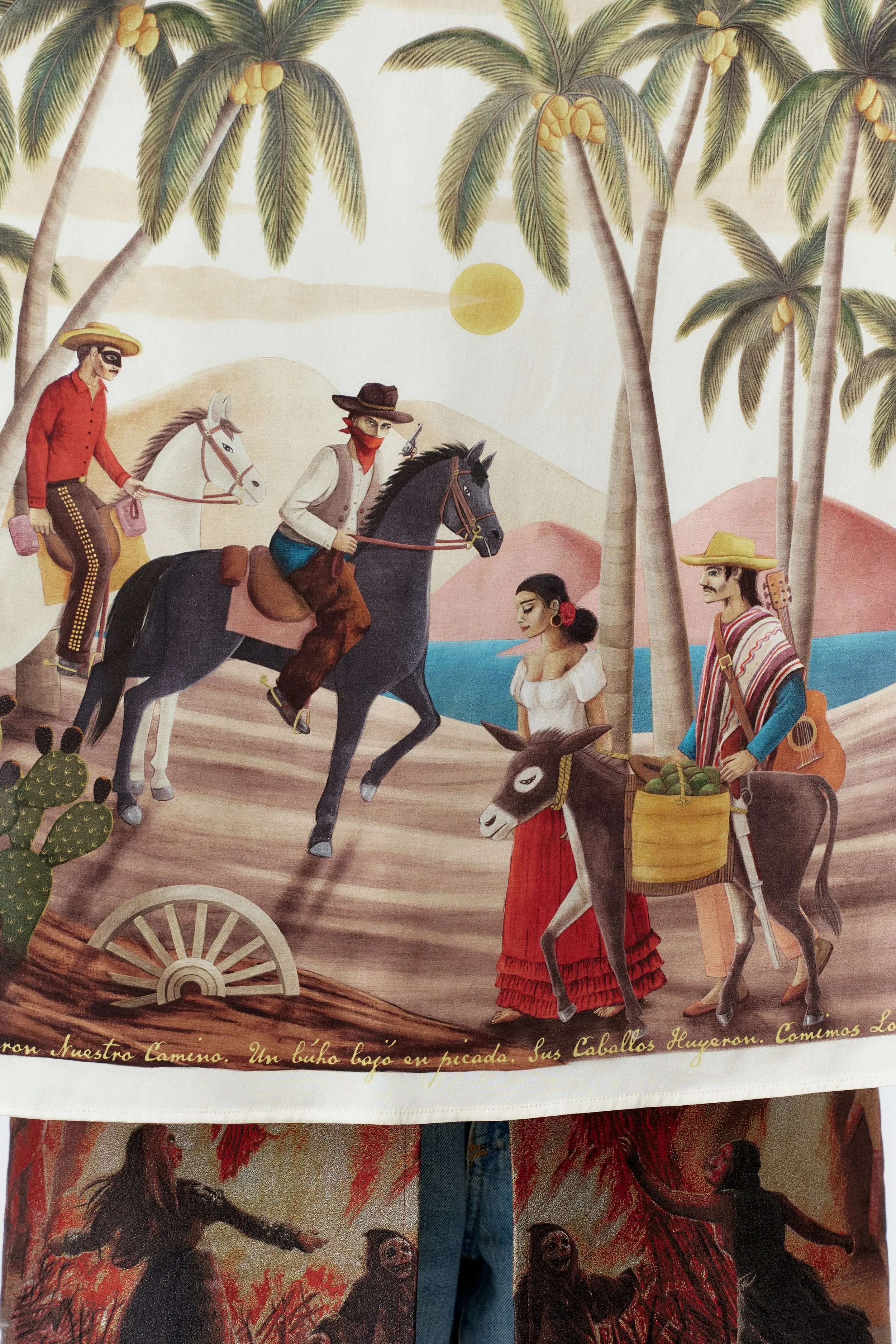 Close-up of original Stevie Anderson Bandito Artwork on sating silk scarf