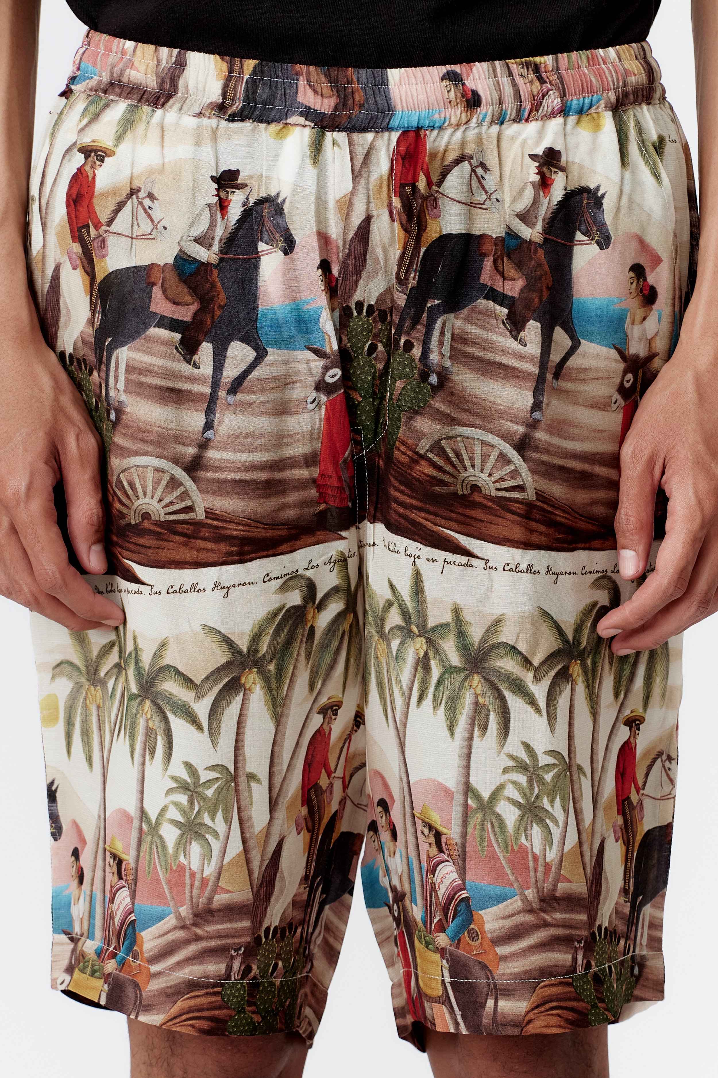 Close-up detail of silk rayon fabric featuring farmer, donkey, and masked cowboy painting