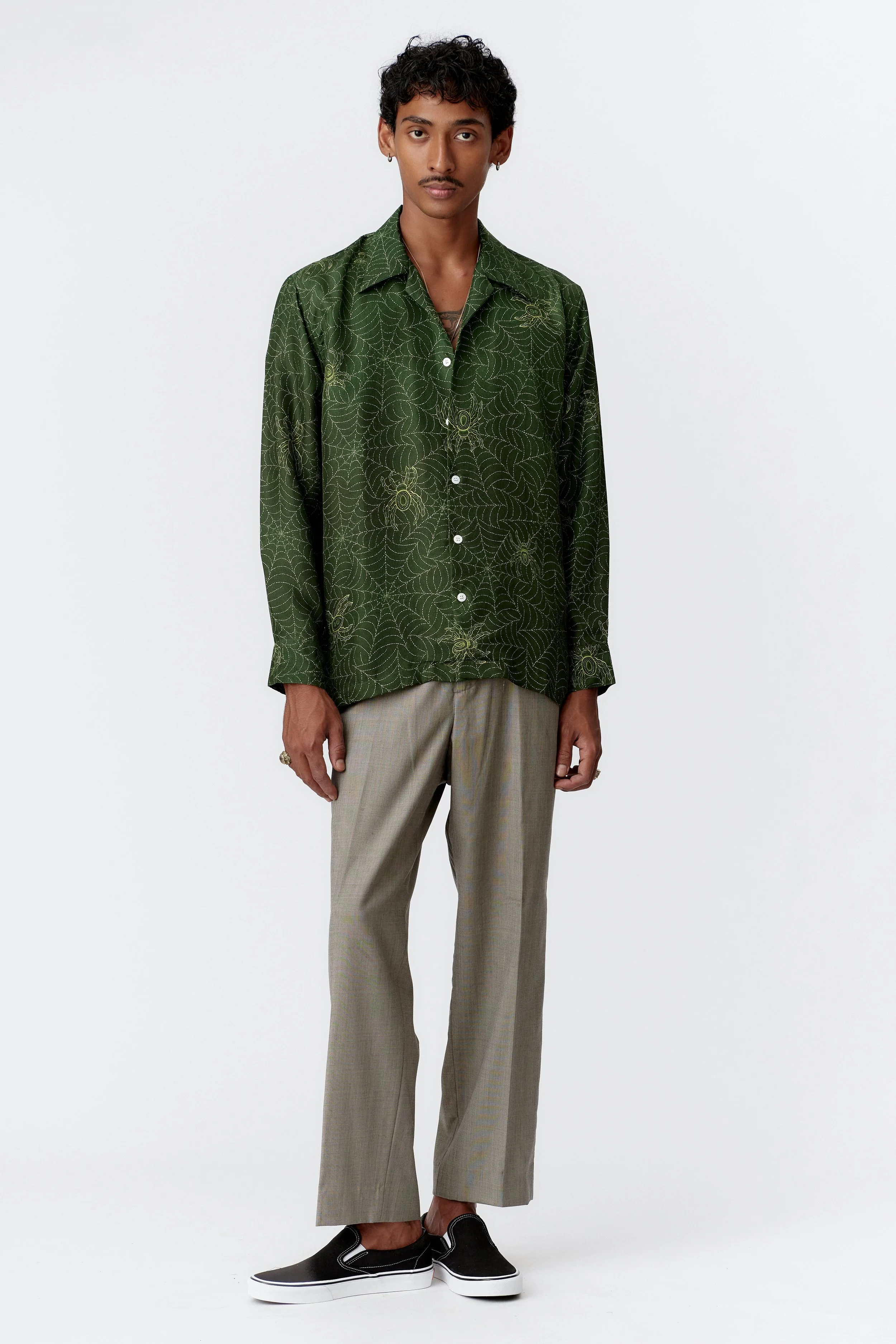 SPIDERWEB GREEN SILK COTTON LONG SLEEVE SHIRT