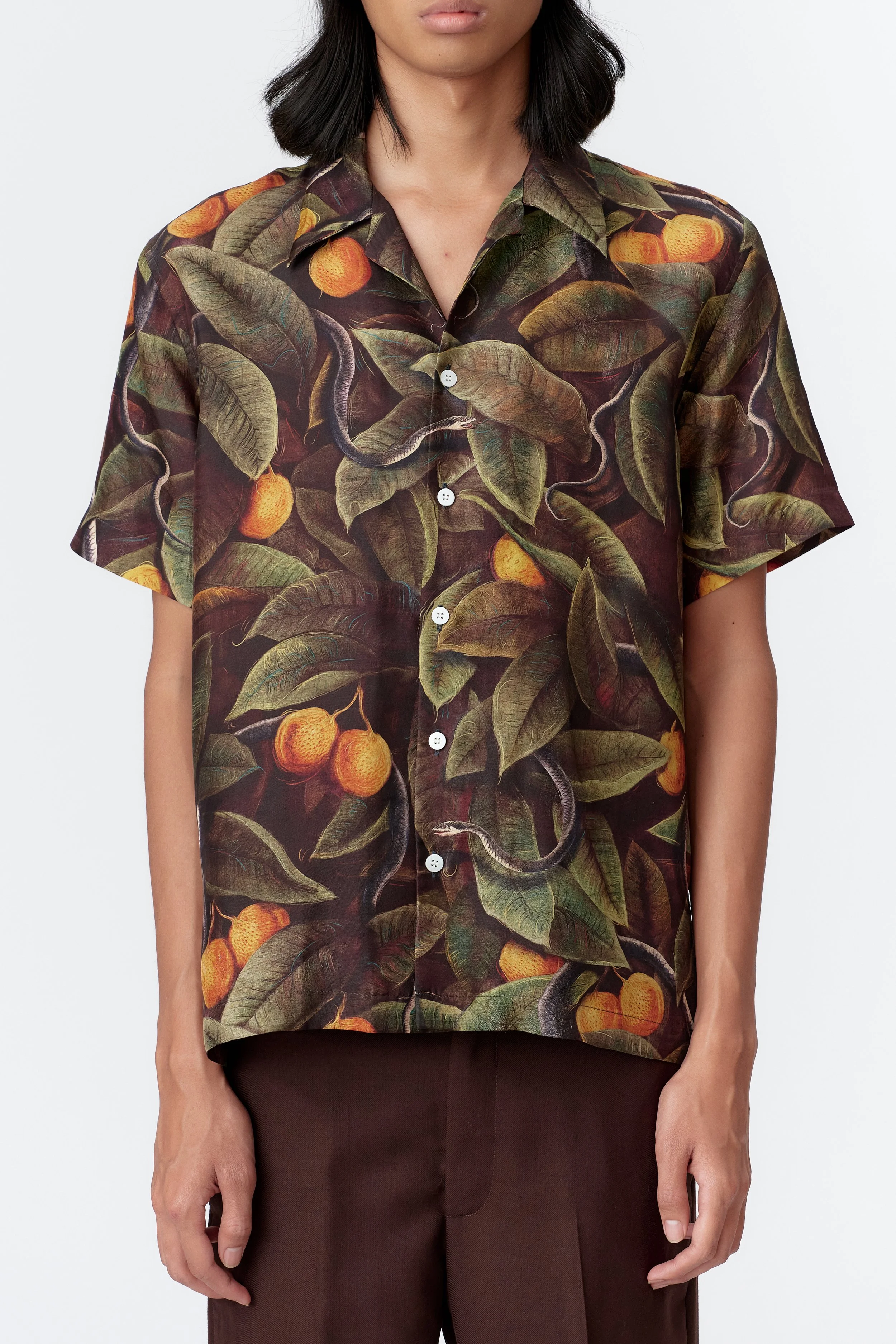 Detail of luxurious green/multi silk satin fabric and mother-of-pearl buttons on SNAKER shirt