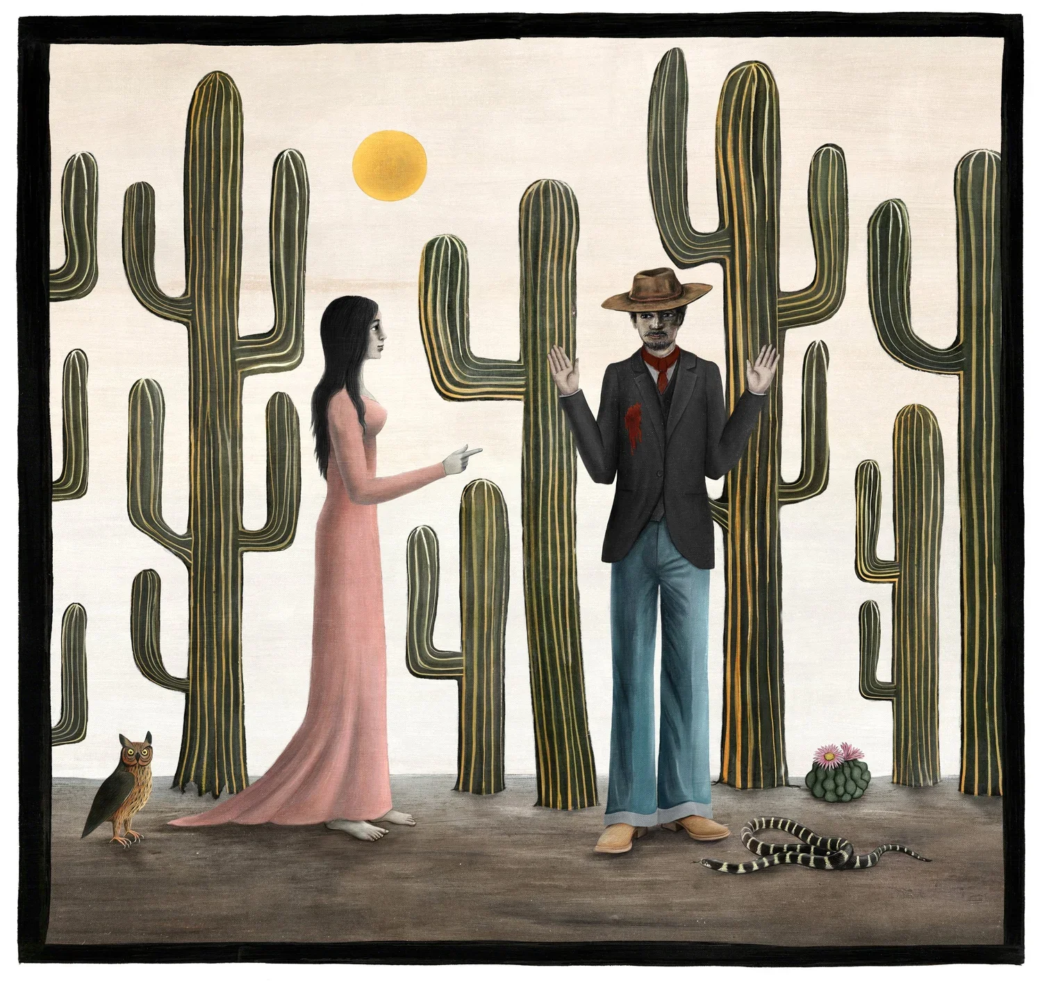 A surreal painting depicting a woman in a pink dress pointing at a man in a suit with a cowboy hat, standing among tall saguaro cacti. An owl, a cactus with flowers, and a snake are on the ground. The background shows a yellow sun in a light sky.