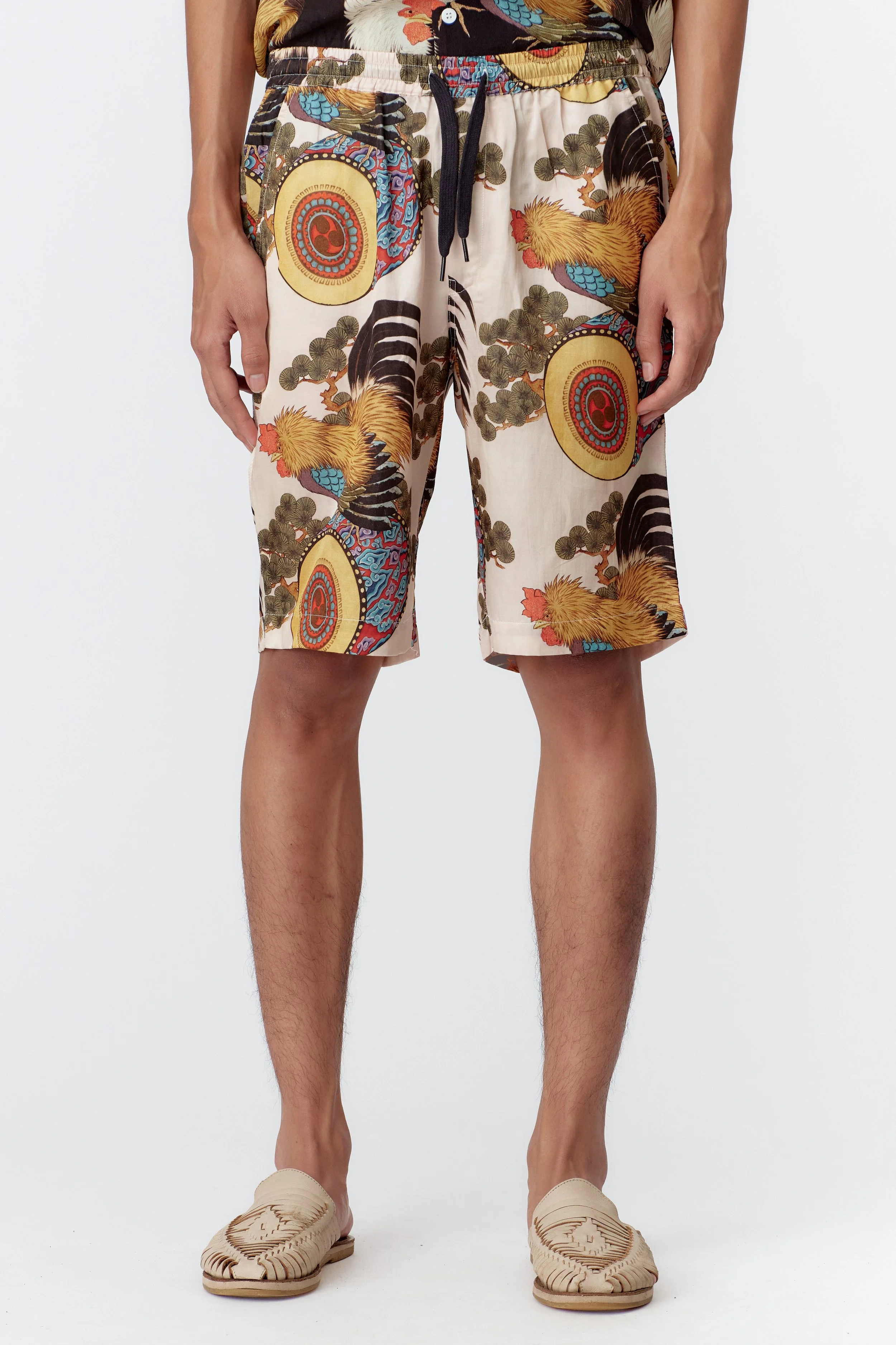 Rooster Drum Cream silk cotton board shorts endless joy