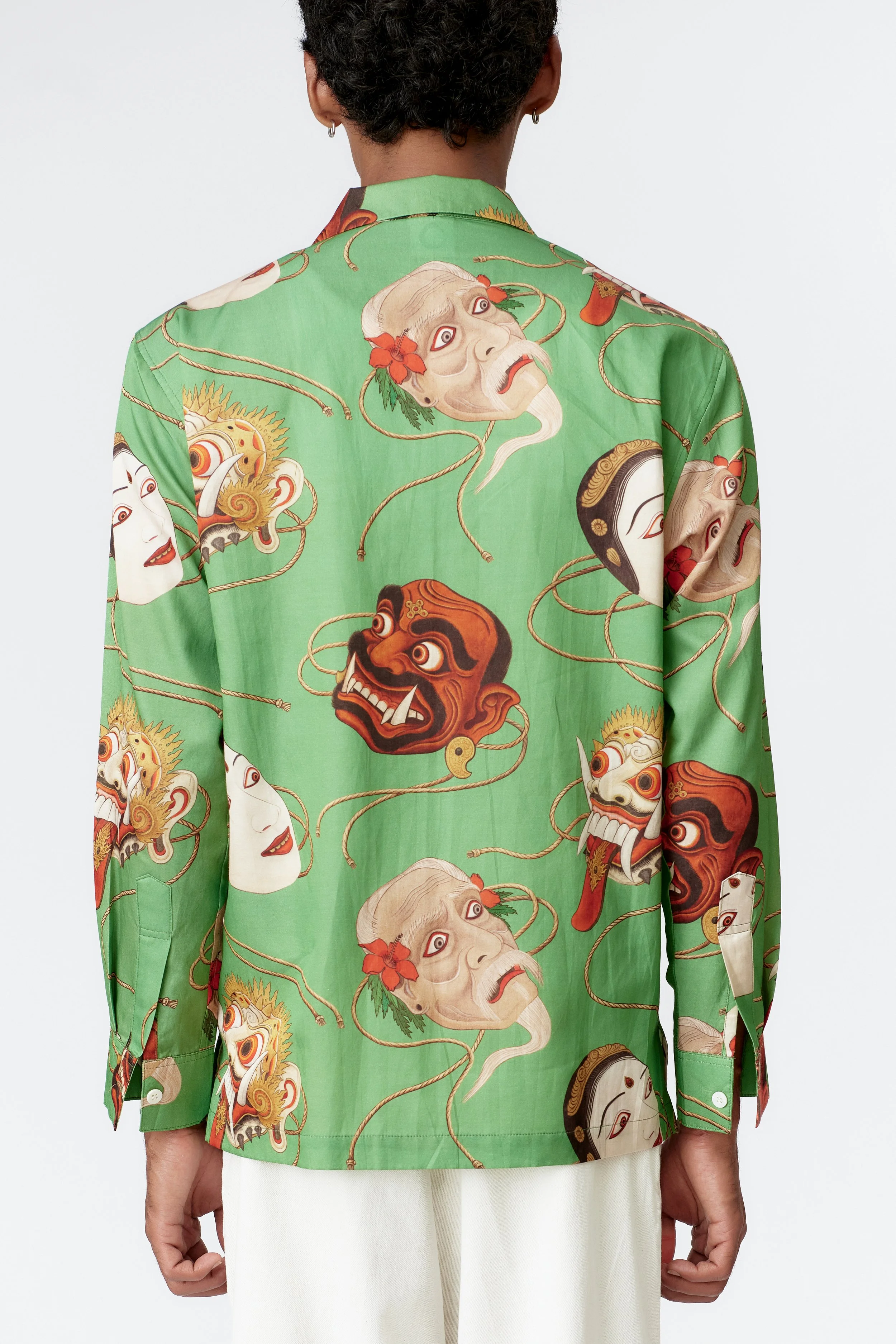 Back view of Topeng Jade silk cotton long sleeve shirt in luminous jade