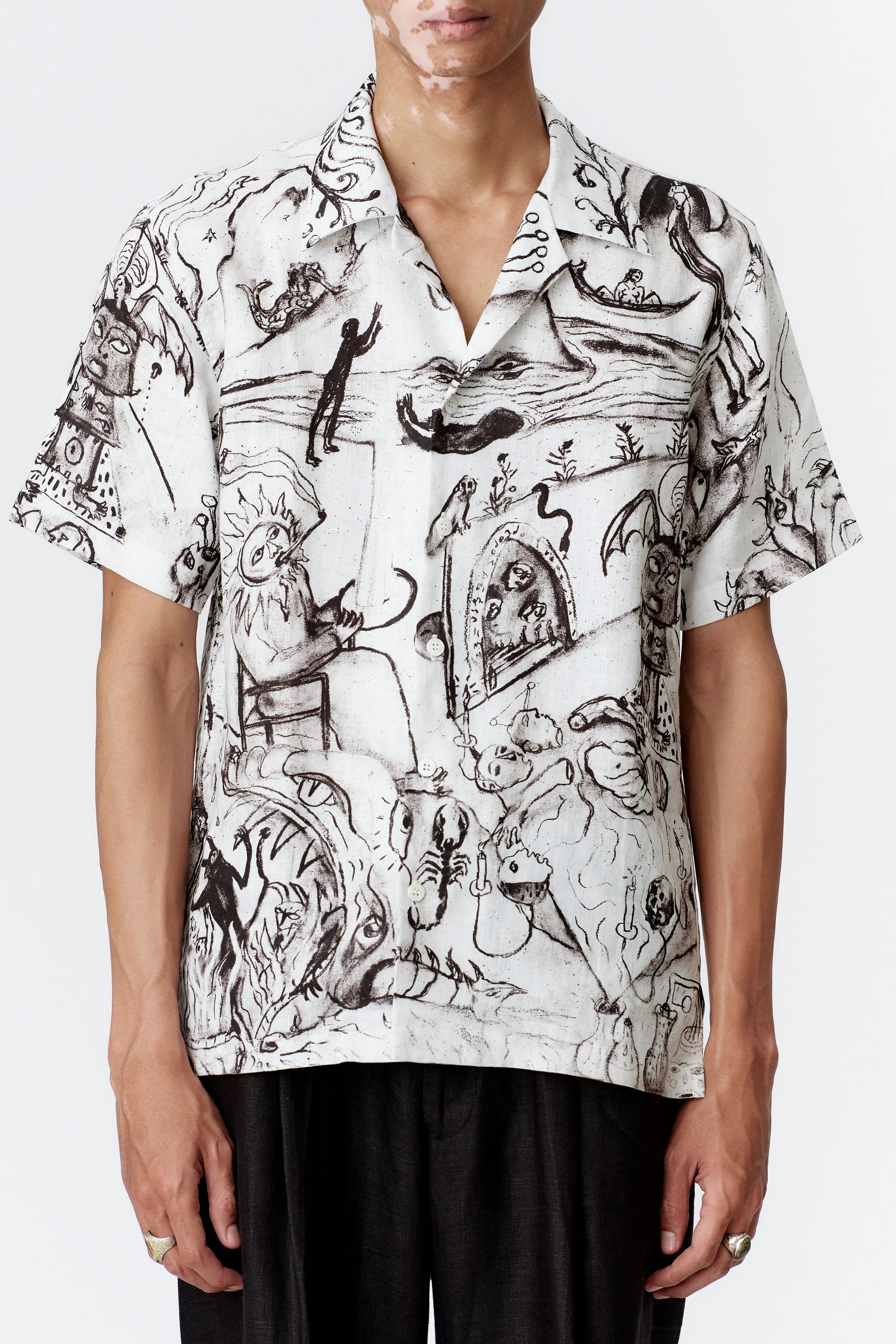 Detail of premium 100% French linen fabric and mother-of-pearl buttons on ALCHEMY limited edition shirt