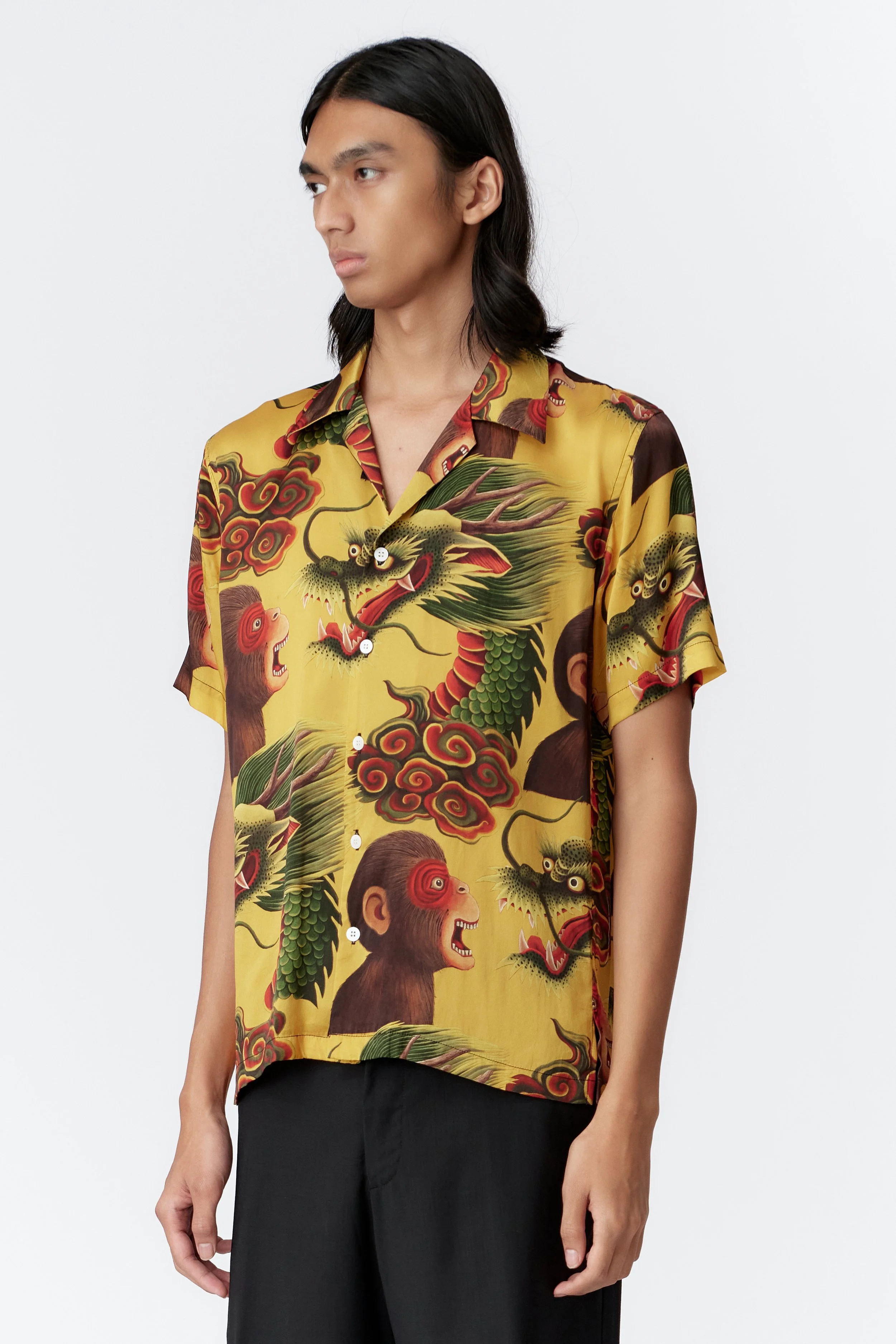 Monkey Dragon Yellow Limited Edition Silk Shirt Angle View