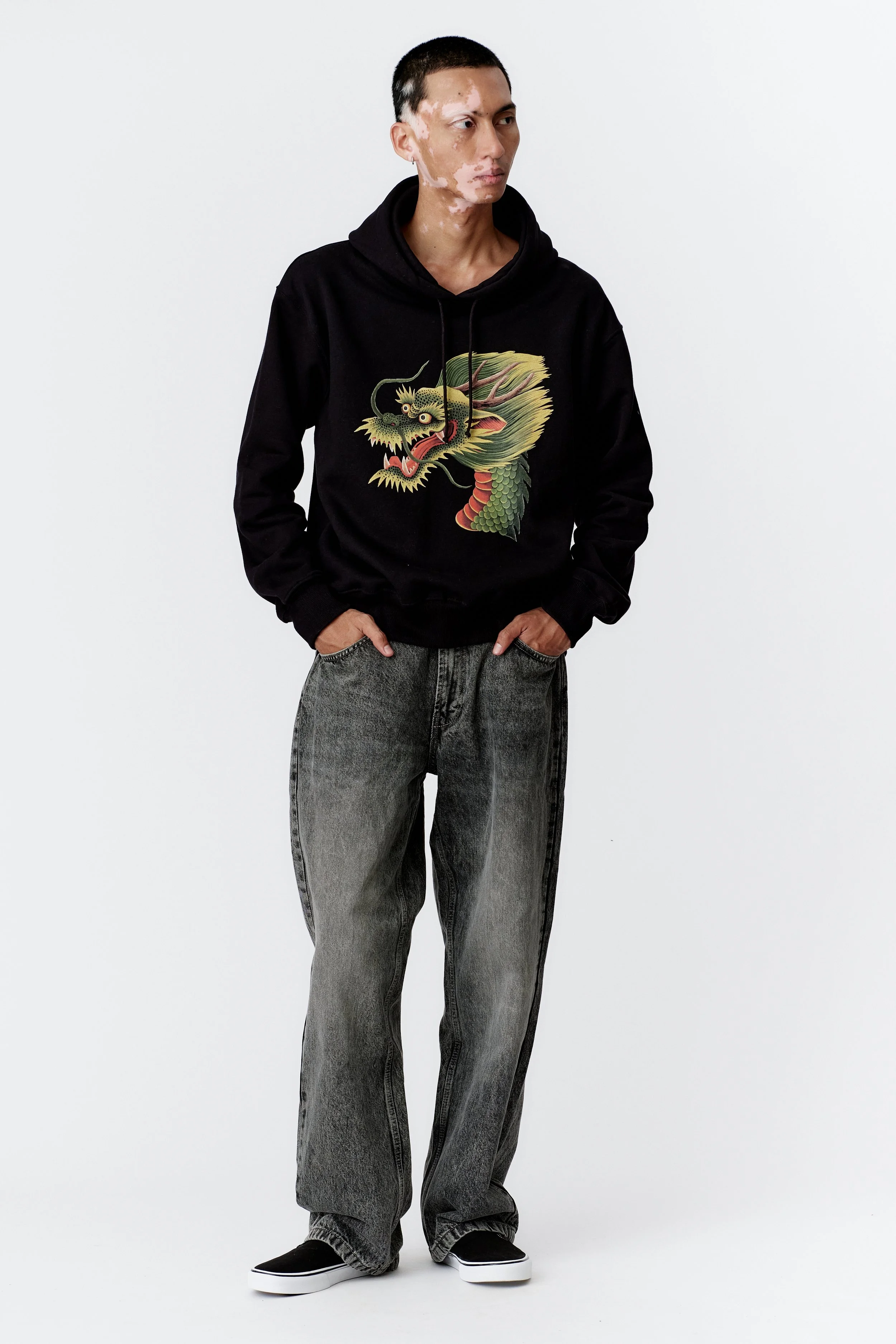 MONKEY DRAGON BLACK FRONT PRINT ORGANIC COTTON HOODIE