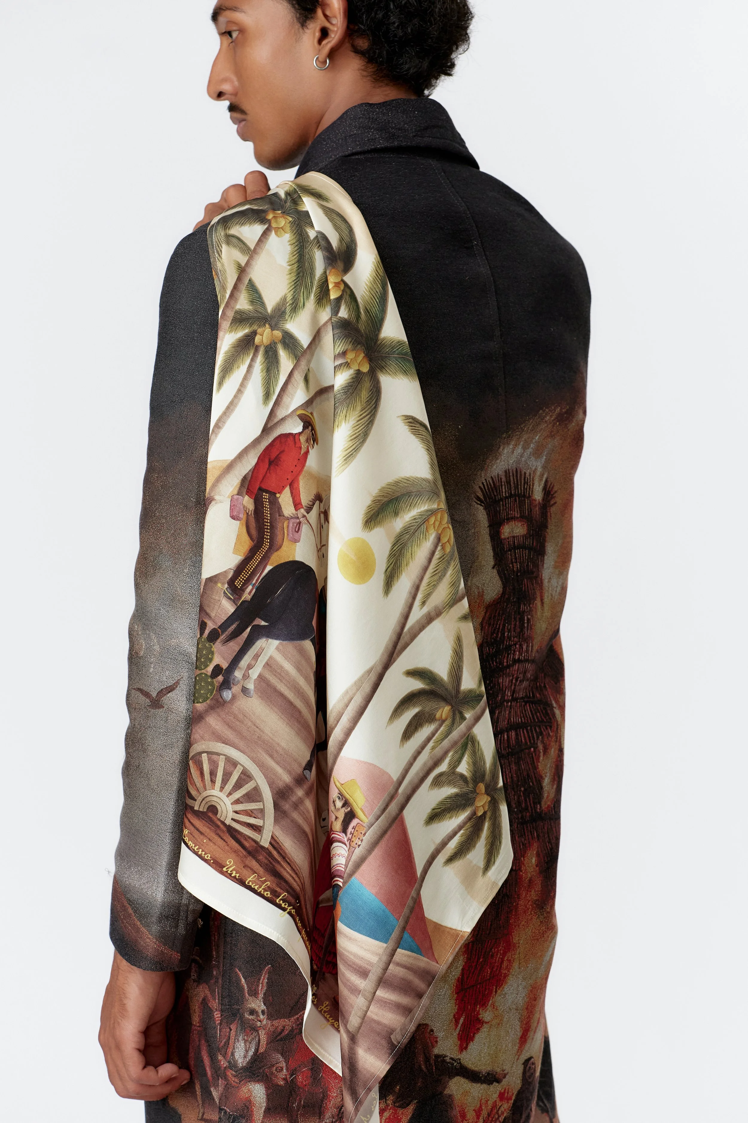 BANDITO satin silk scarf hung over models shoulder