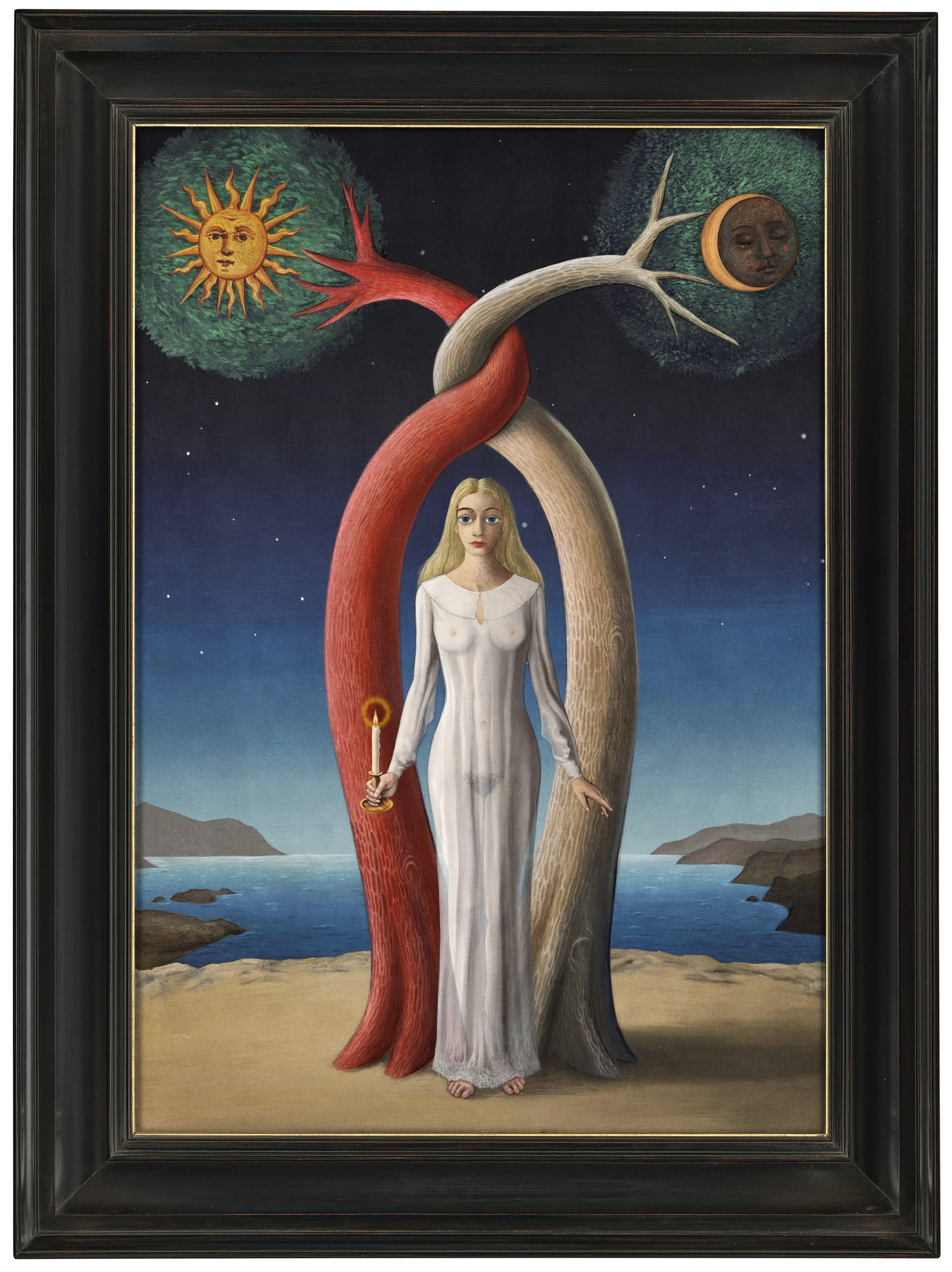 A woman in a white dress standing between two intertwined trees on a beach at night, with the sun and moon with faces in the sky.