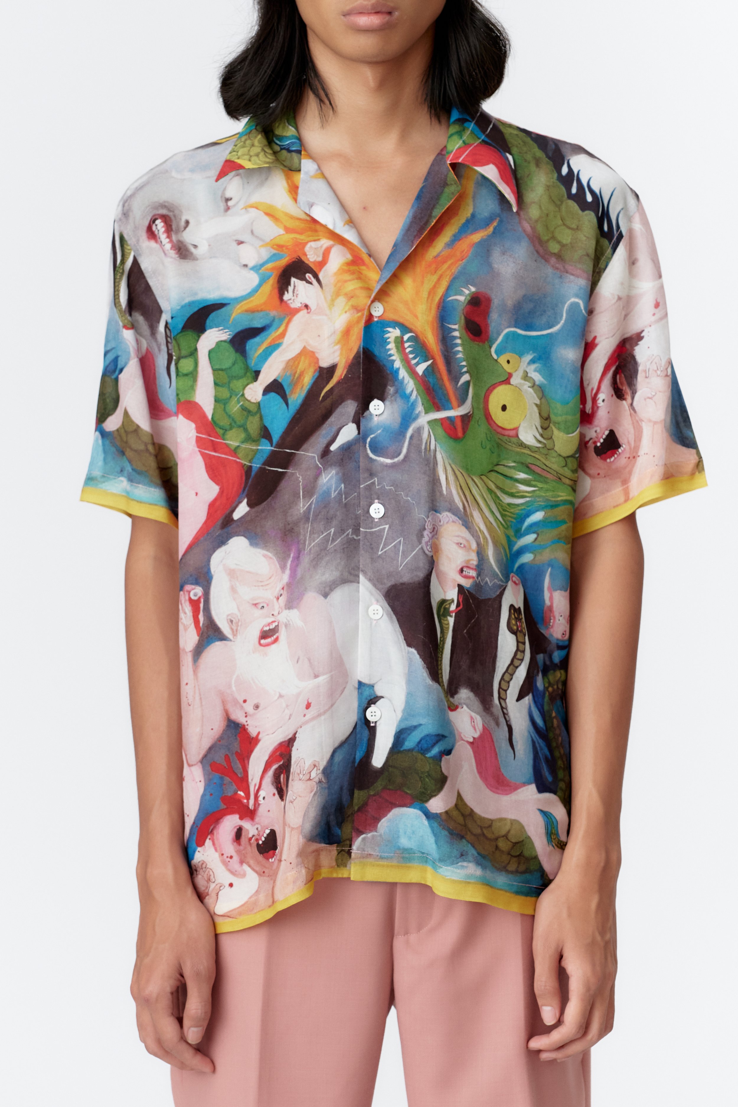 Detail of 55% viscose, 45% crepe rayon fabric with mother-of-pearl buttons on KUNG FU CANNIBAL short sleeve shirt