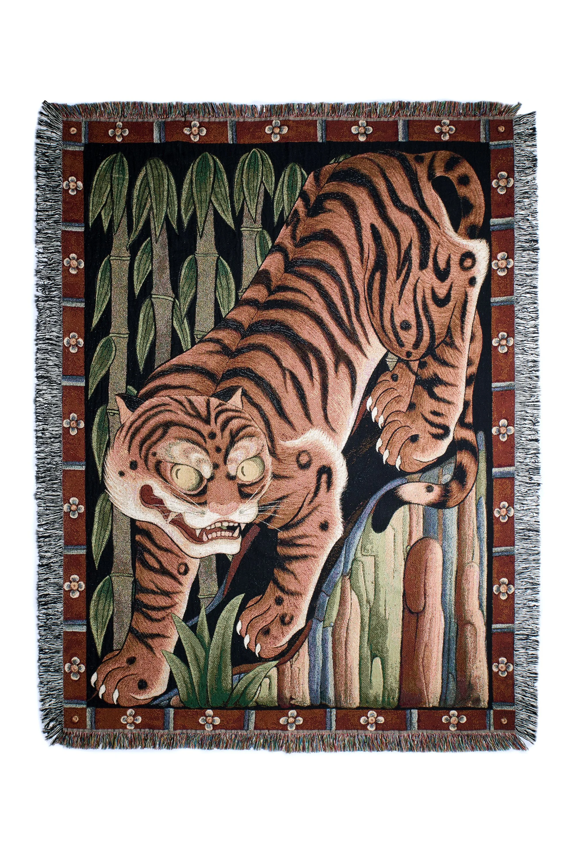 Tiger Bamboo organic cotton woven blanket full flat view with orange tiger design