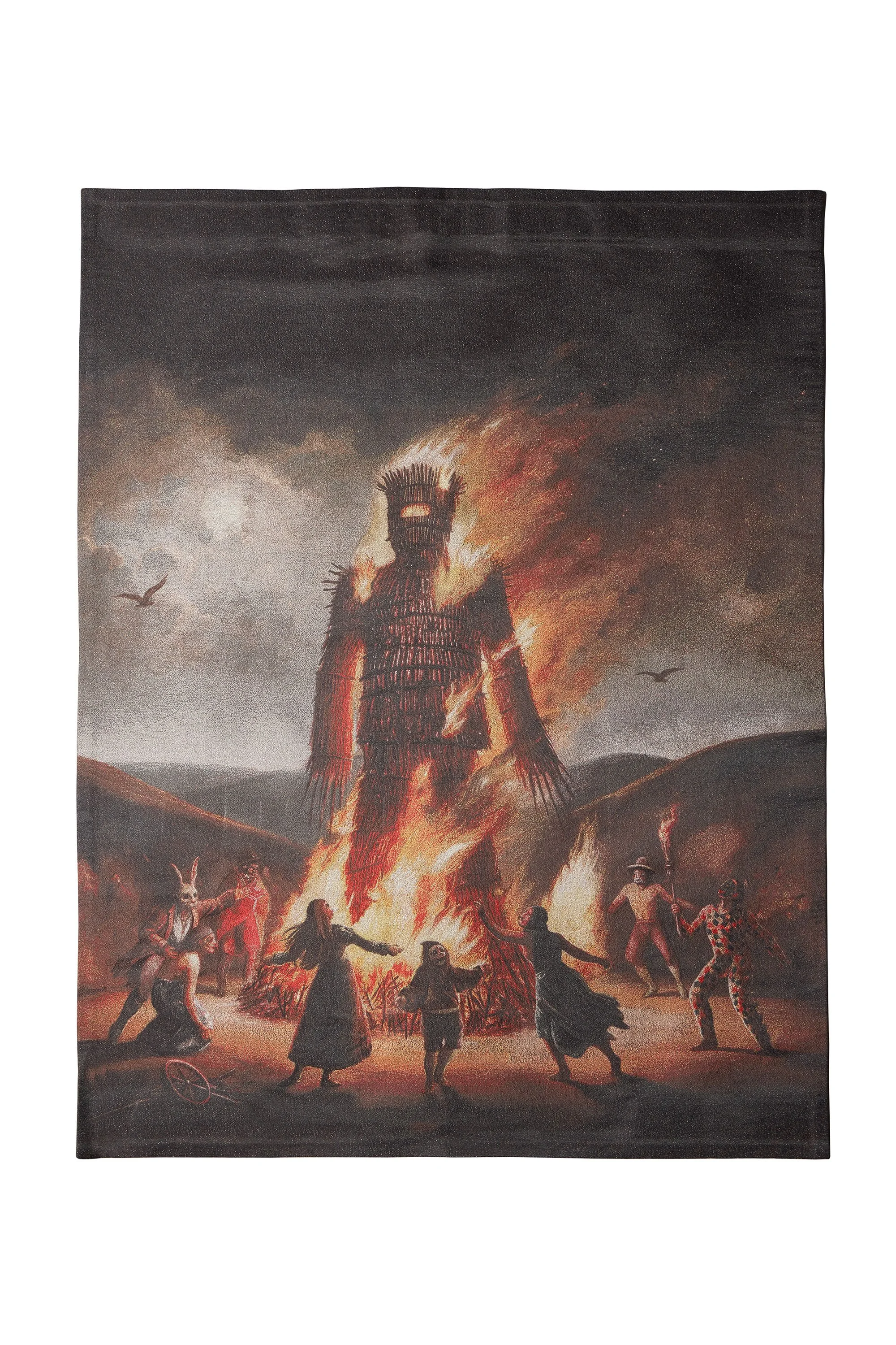 Full view of the Wickerman limited edition woven tapestry featuring original folklore-inspired artwork by Stevie Anderson, crafted from organic wool and cotton.