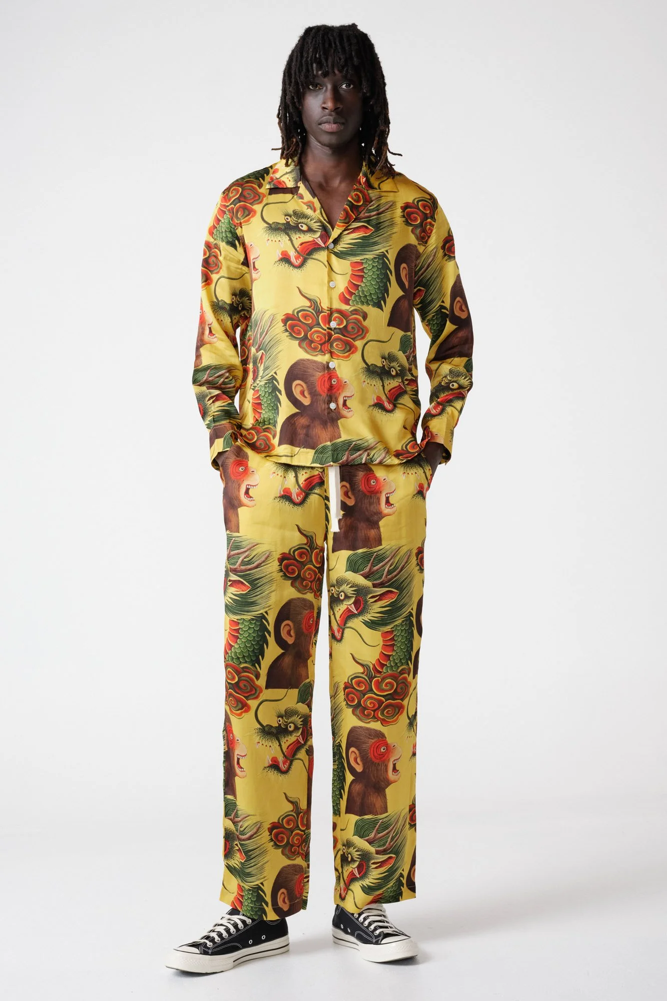 endless-joy-printed-monkey-dragon-yellow-silk-satin-pyjama-set-front-pockets