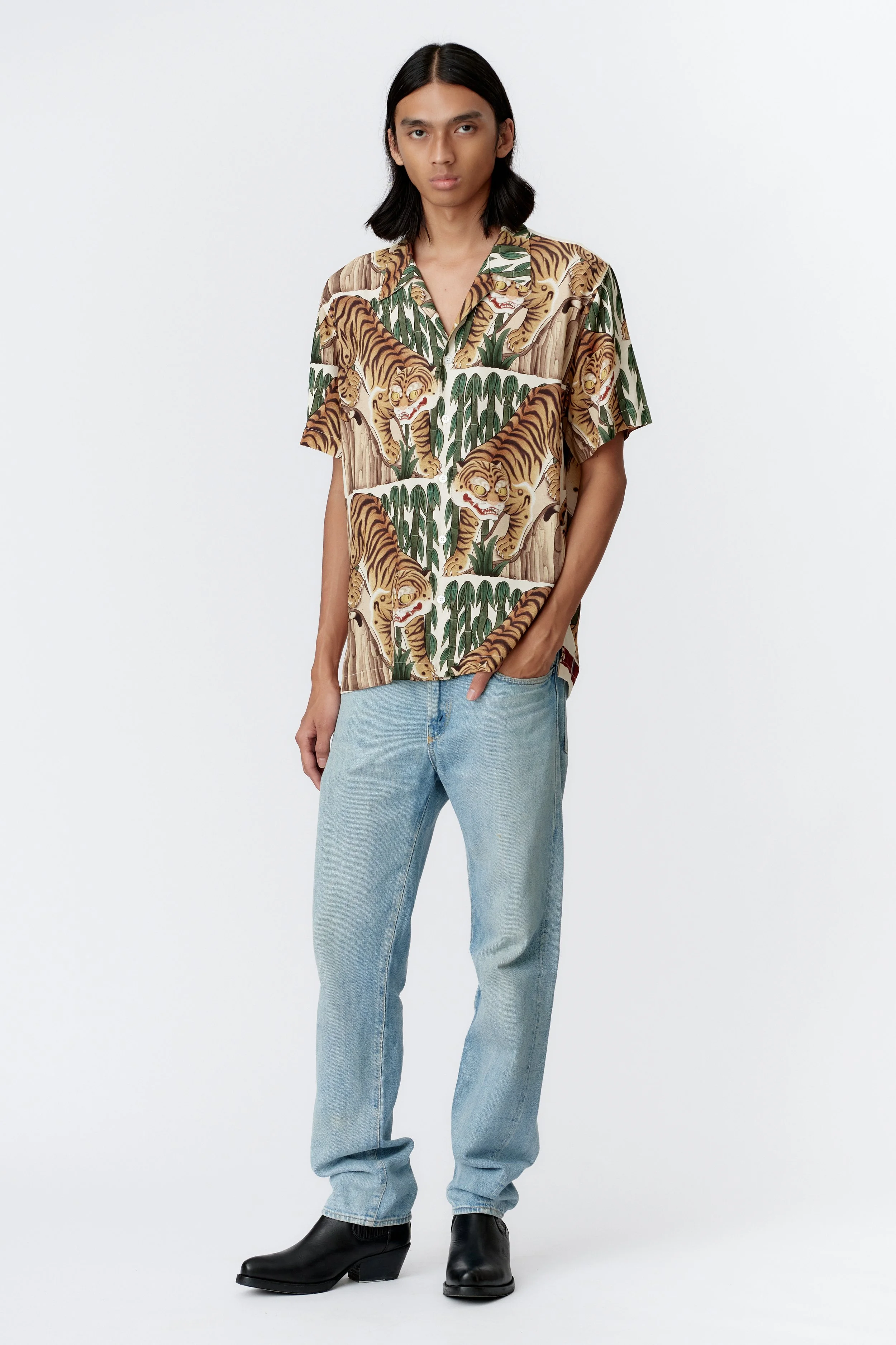 Full front view of Tiger cream 100% premium rayon short sleeve shirt featuring vivid orange tiger artwork on soft cream base