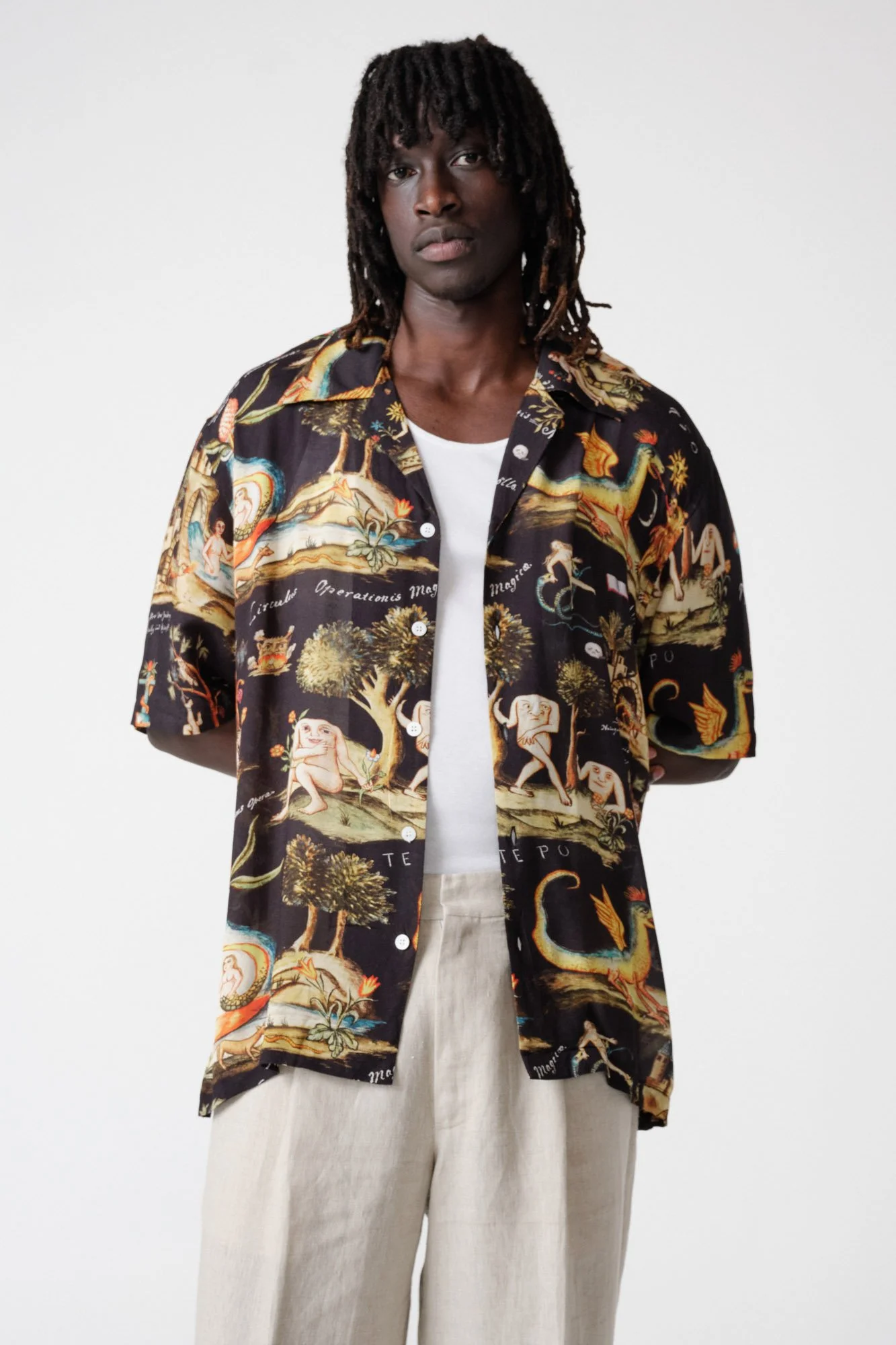 endless-joy-prima-materia-black-printed-crepe-rayon-short-sleeve-shirt-front-close-up