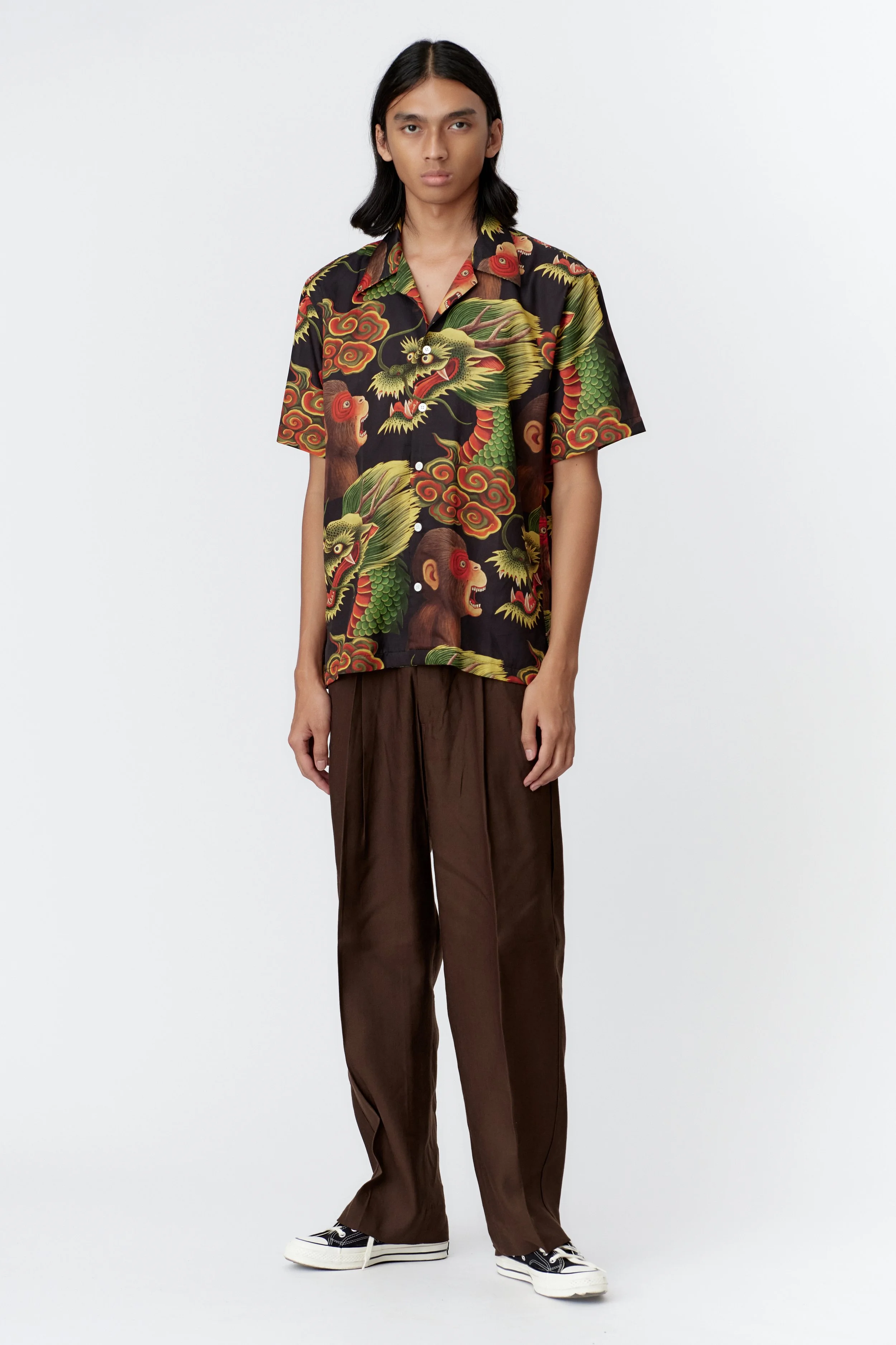 MONKEY DRAGON BLACK SILK COTTON SHORT SLEEVE SHIRT