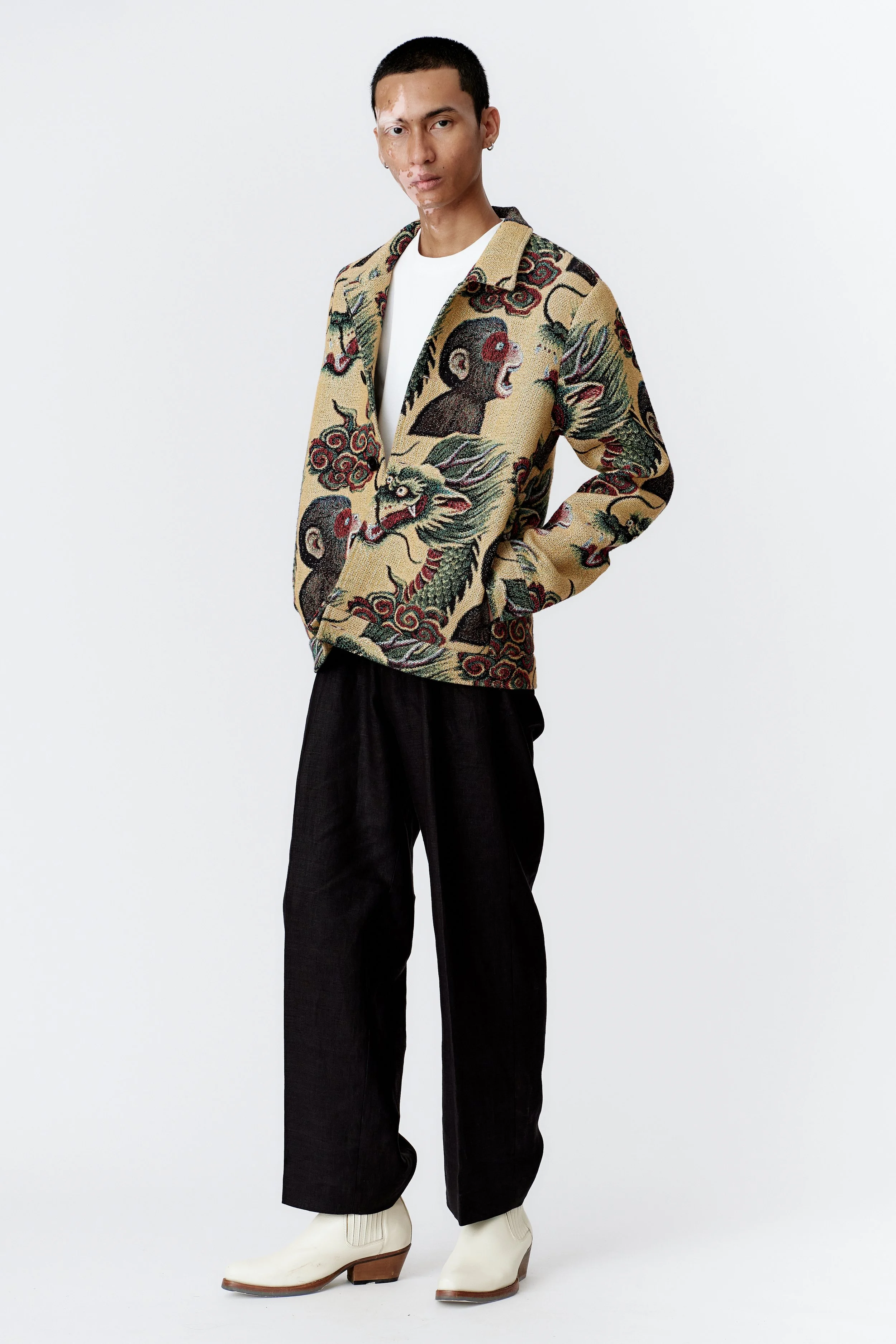 full shot of limited edition monkey dragon jacquard weave chore jacket in organic cotton