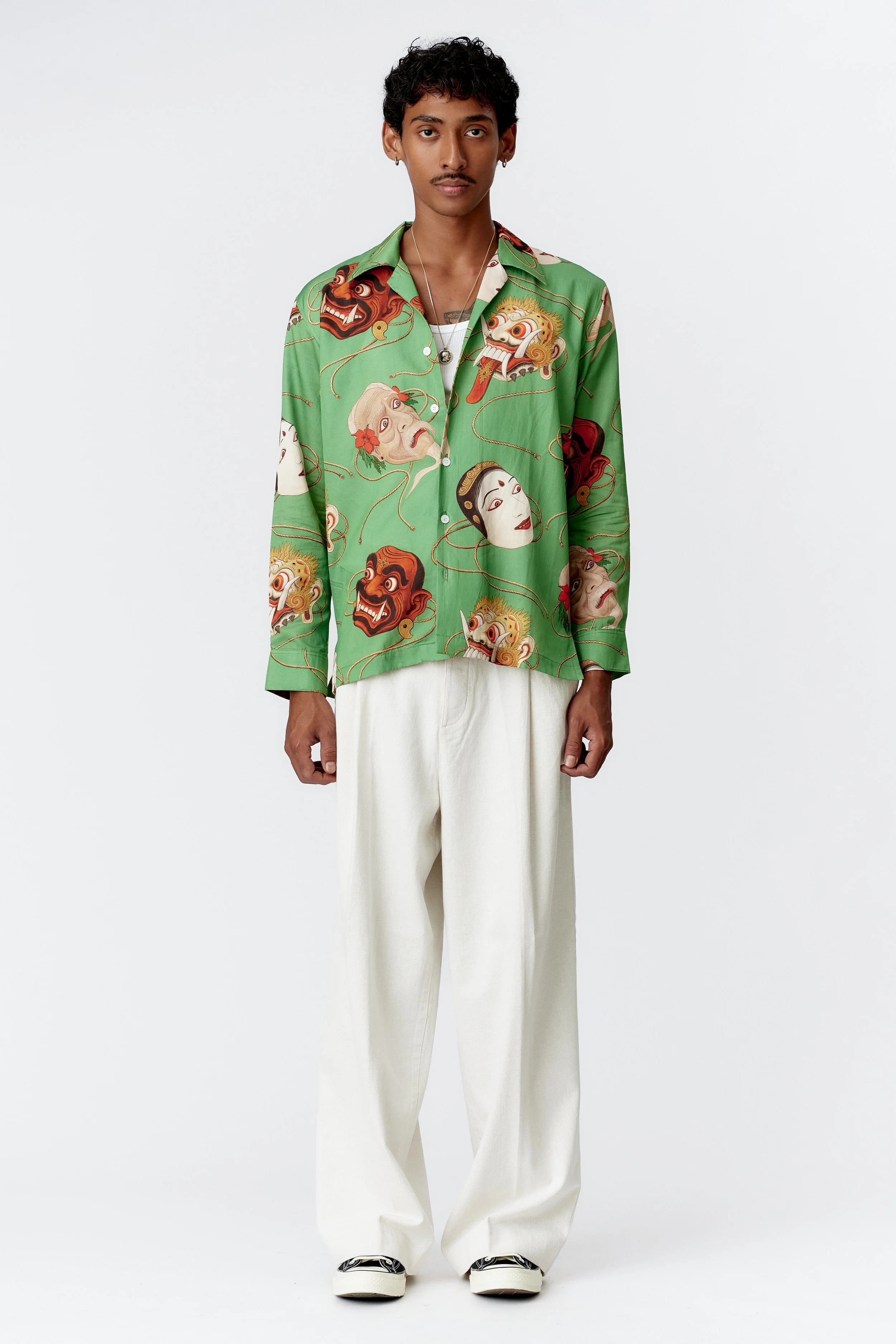 Vikens wearing Topeng Jade silk cotton long sleeve shirt in limited edition silk cotton