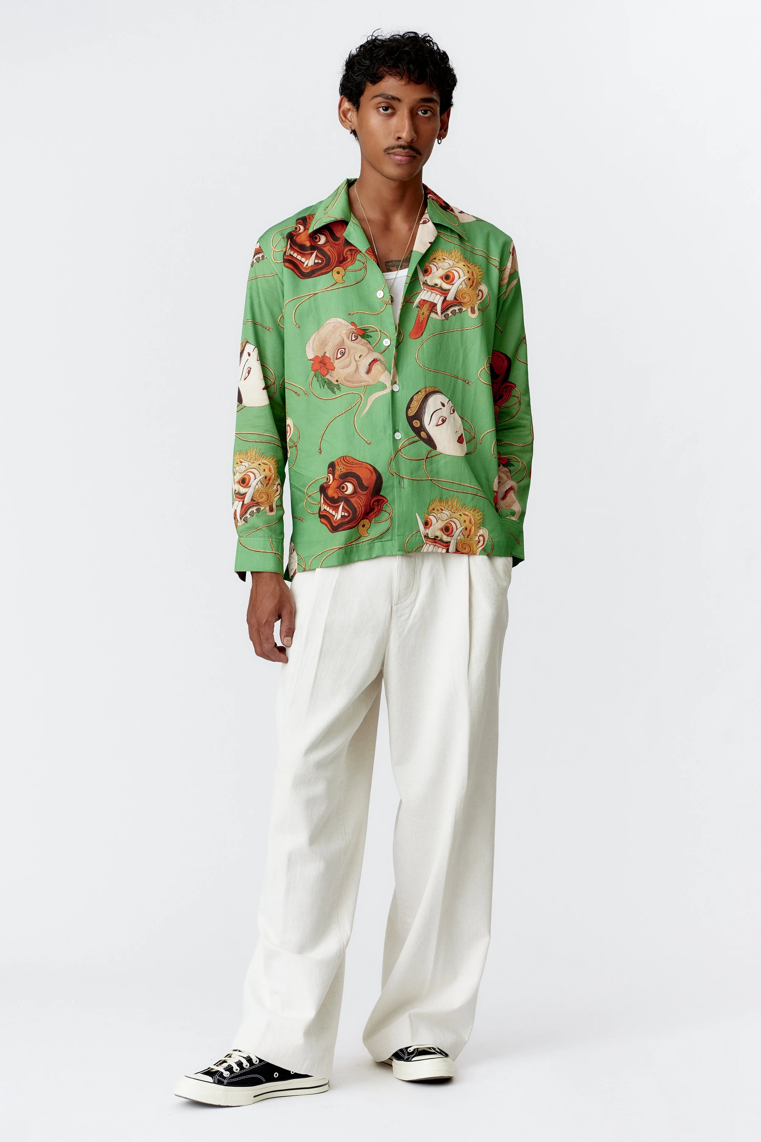 Full body view of Topeng Jade long sleeve shirt featuring original artwork by Stevie Anderson