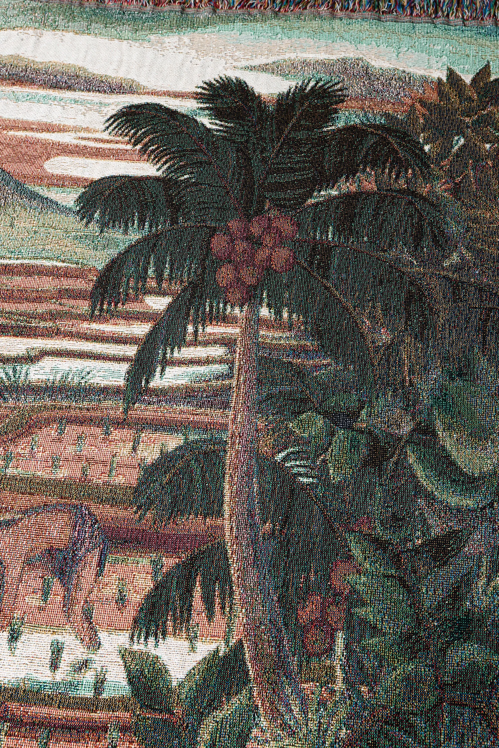 woven Bali landscape coconut tree close-up artwork and tropical foliage