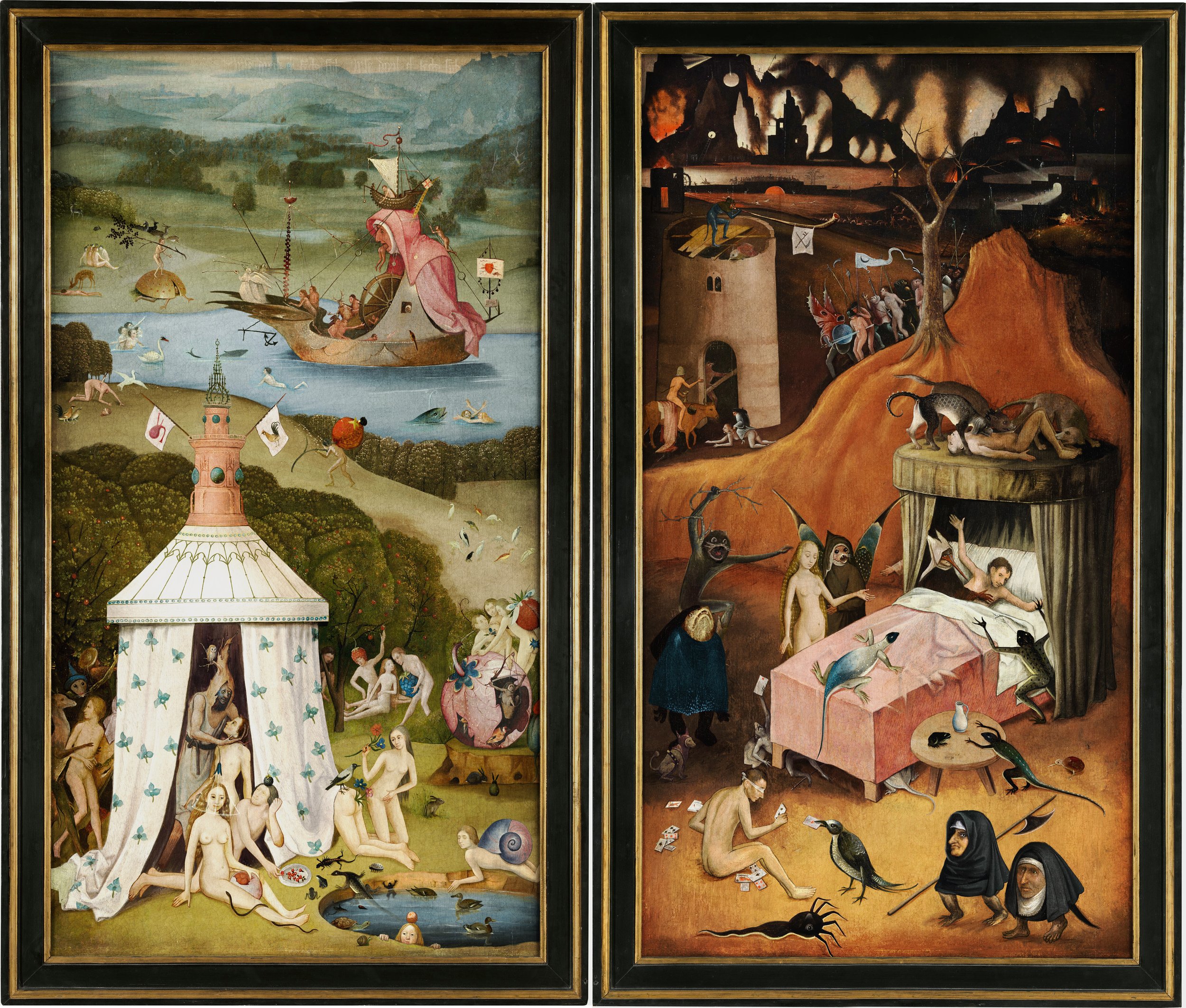 A triptych painting with fantastical and surreal scenes. The left panel depicts a landscape with a ship sailing on water, surrounded by mythological creatures, and a group of nude people in a whimsical setting with a tent and a pond. The right panel shows a fiery scene with mountains, demons, and humanoid figures, some with animal or mythological features, engaging in various activities in a hellish landscape.