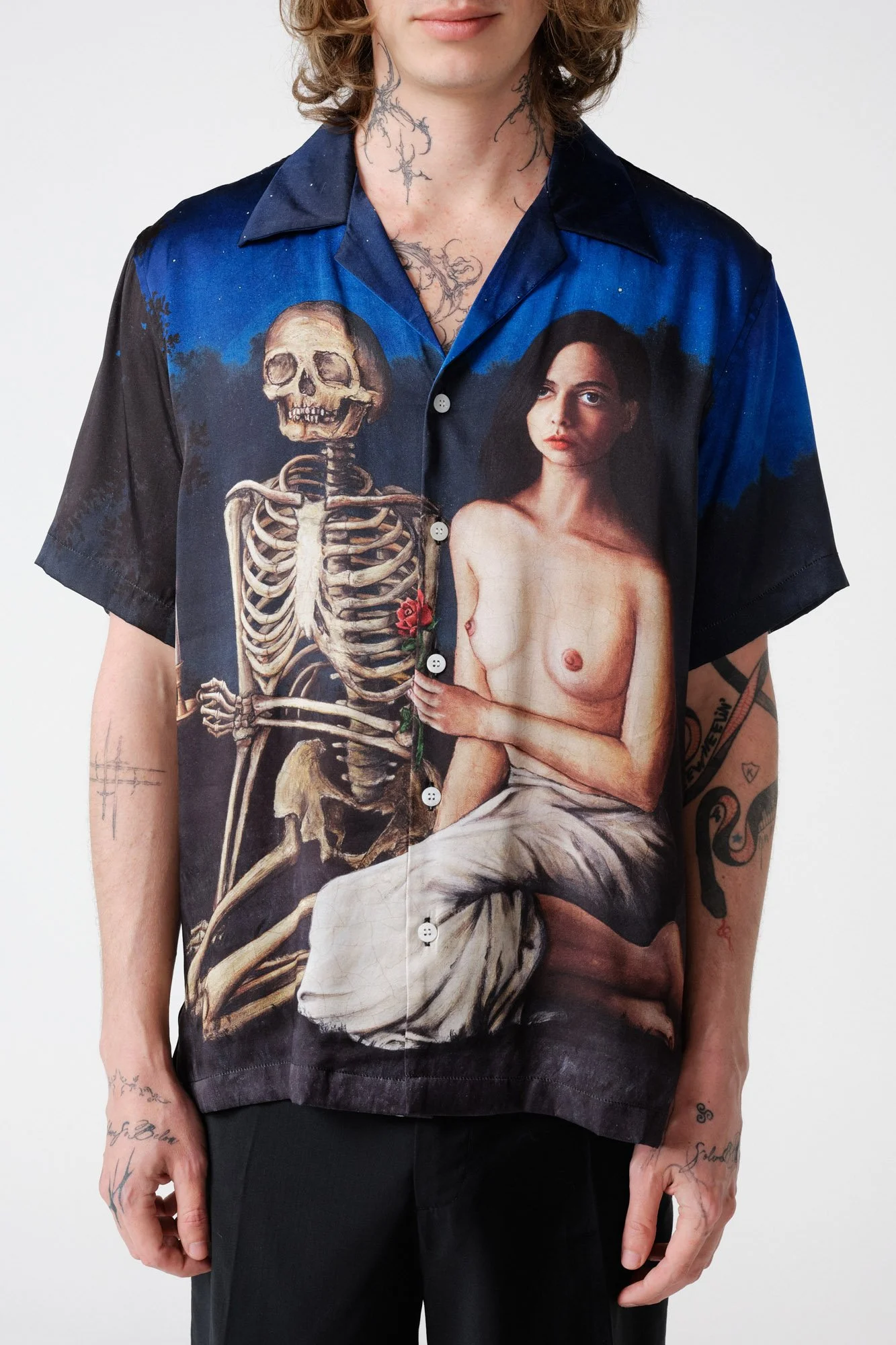 endless-joy-wave-after-wave-silk-satin-printed-short-sleeve-shirt-model-front-buttons