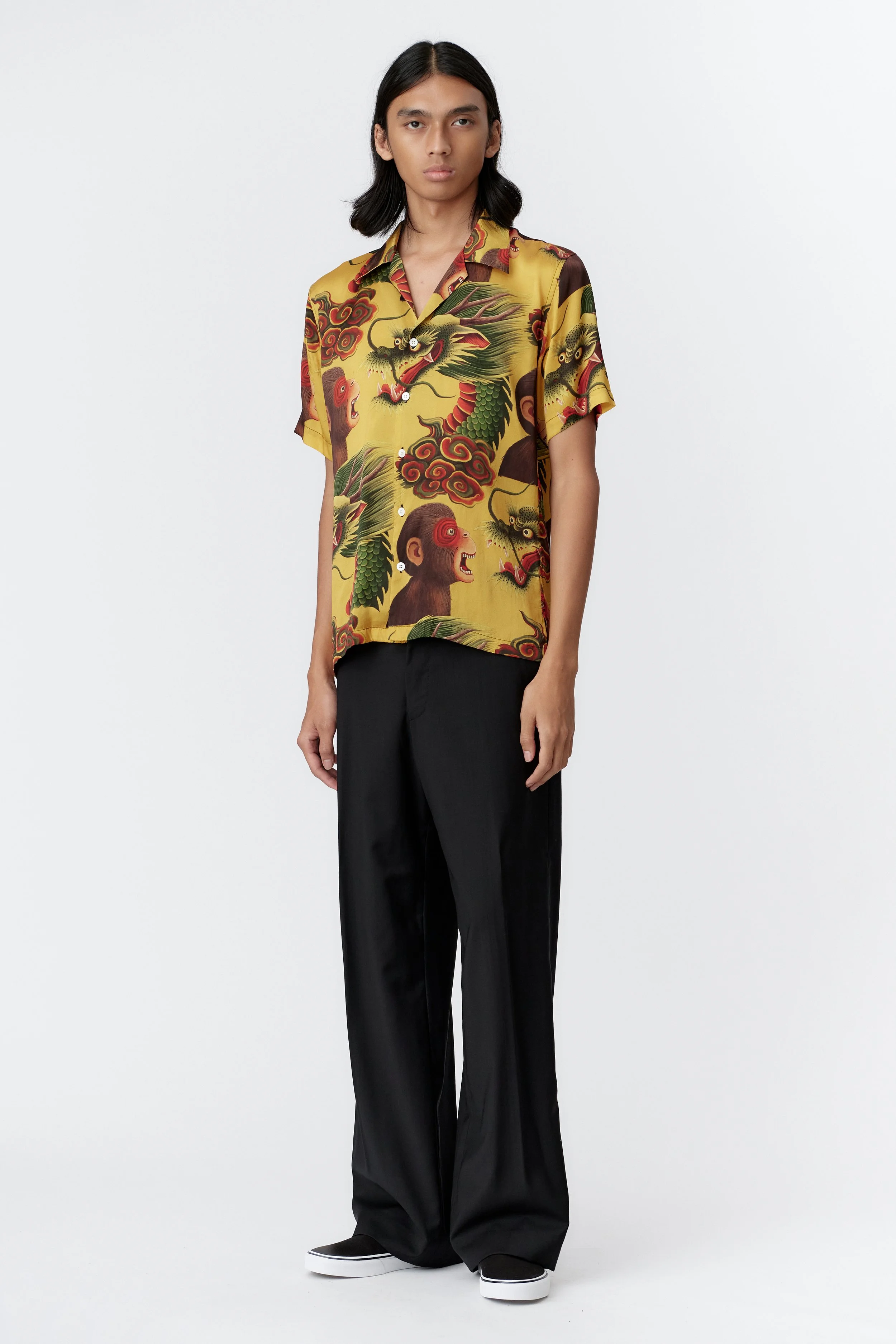 Monkey Dragon Yellow Luxury Silk Shirt Editorial Shot