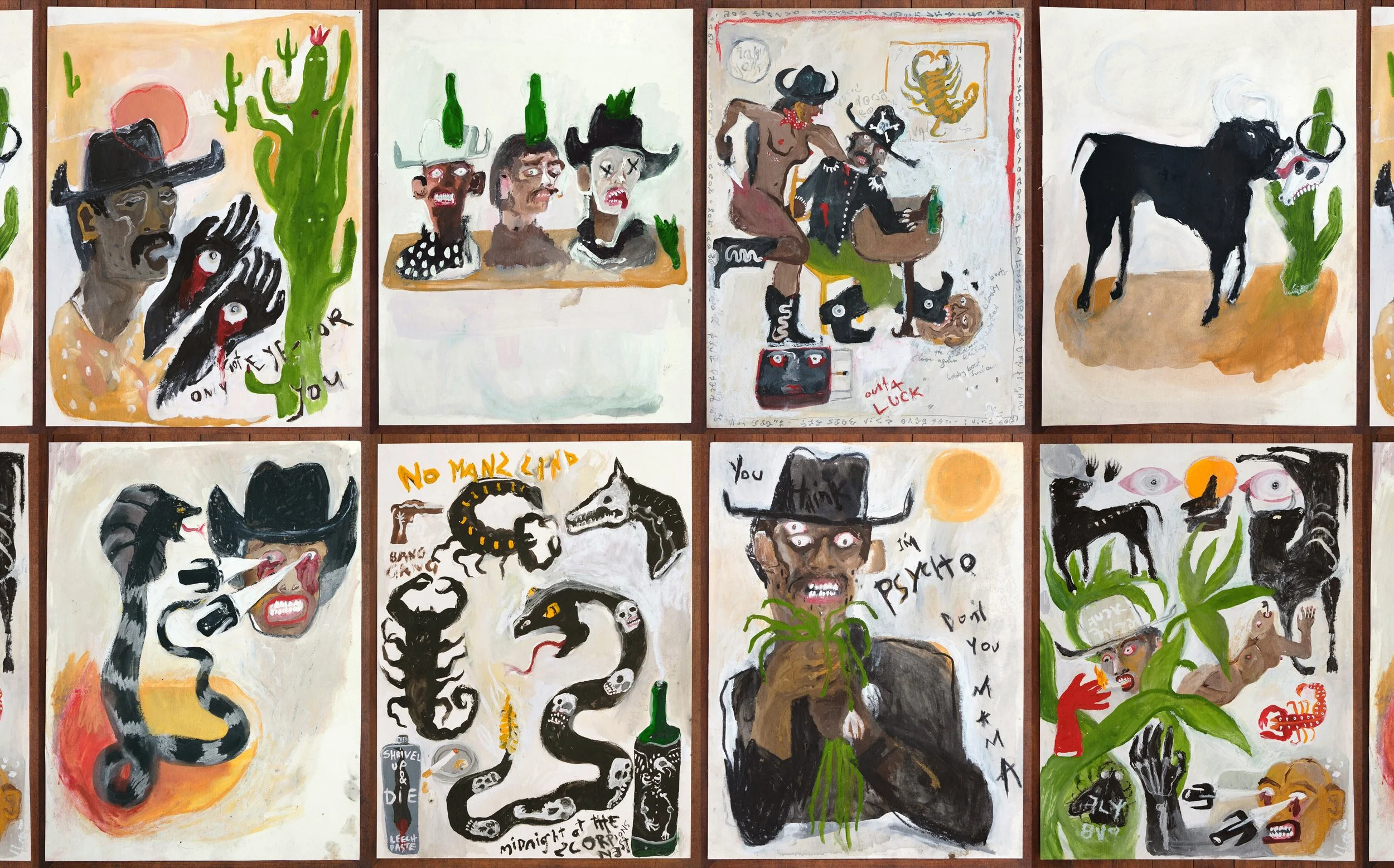A collage of eight paintings featuring a mix of surreal and abstract characters with animals, skeletons, and eclectic scenes, including cowgirls, snakes, a black dog, a man with a hat holding a plant, and various symbolic elements.