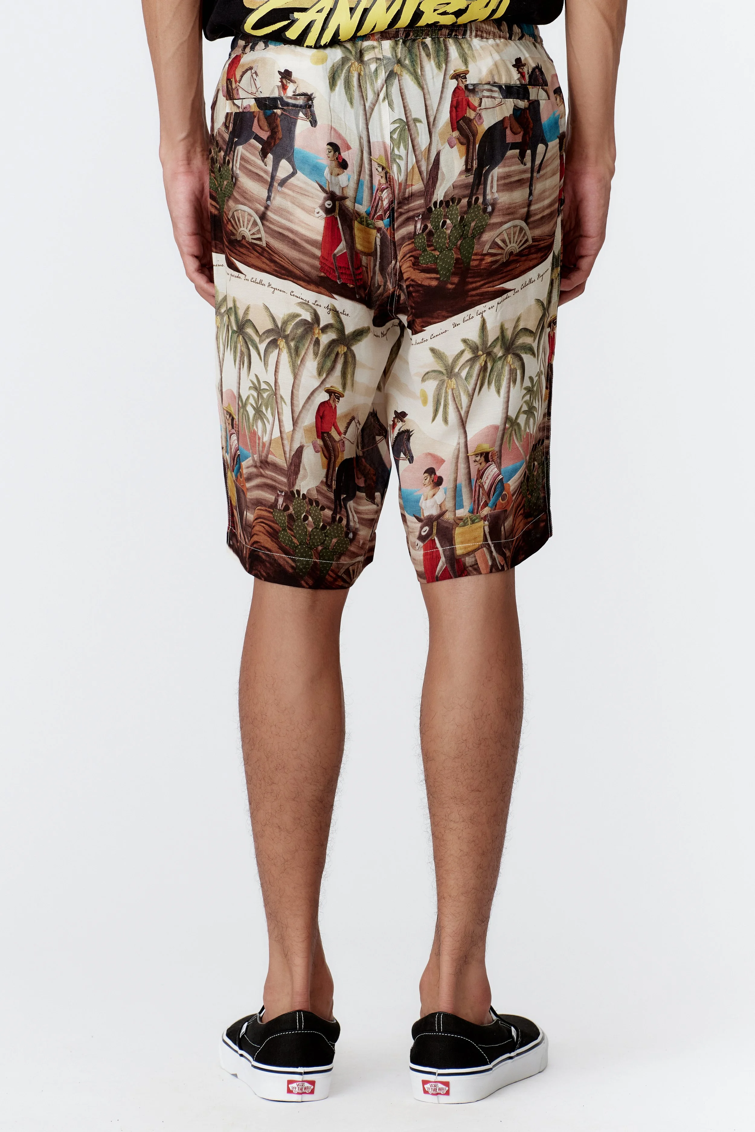 Back view of off white Bandito repeat board shorts showing continuous western landscape artwork