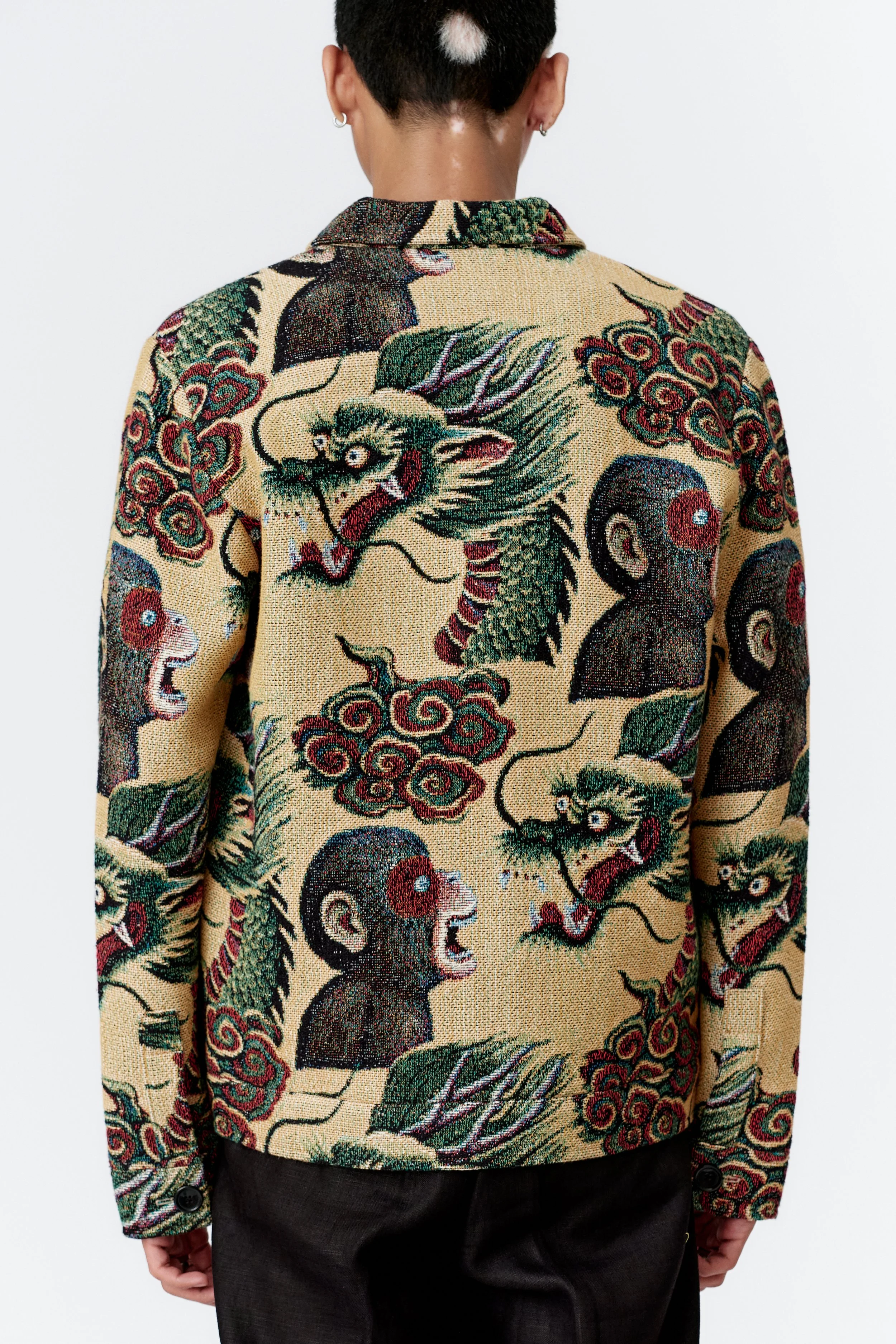 Back view of Monkey Dragon jacquard chore jacket